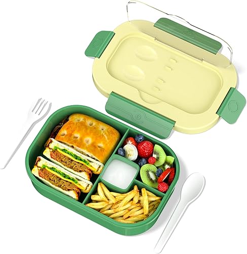 Lonchera Bento para niños, 44.0 fl oz, 4 compartimentos, con cubiertos, contenedores para niños, adultos, niños pequeños, aptos para microondas,