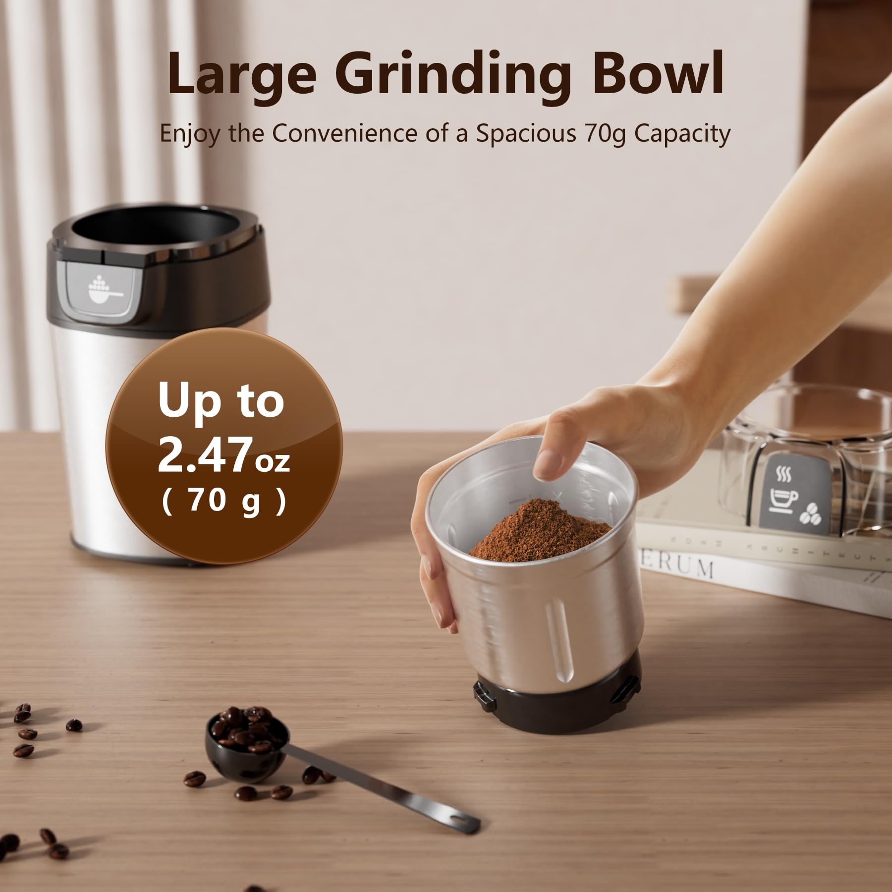 QEXREED Macina Caffe' Elettrico 200W, Macinacaffè Elettrico con Contenitori Rimovibili in acciaio inossidabile, 70g Capacità, per Chicchi di Caffè, Spezie, Cereali, Pepe, Noci