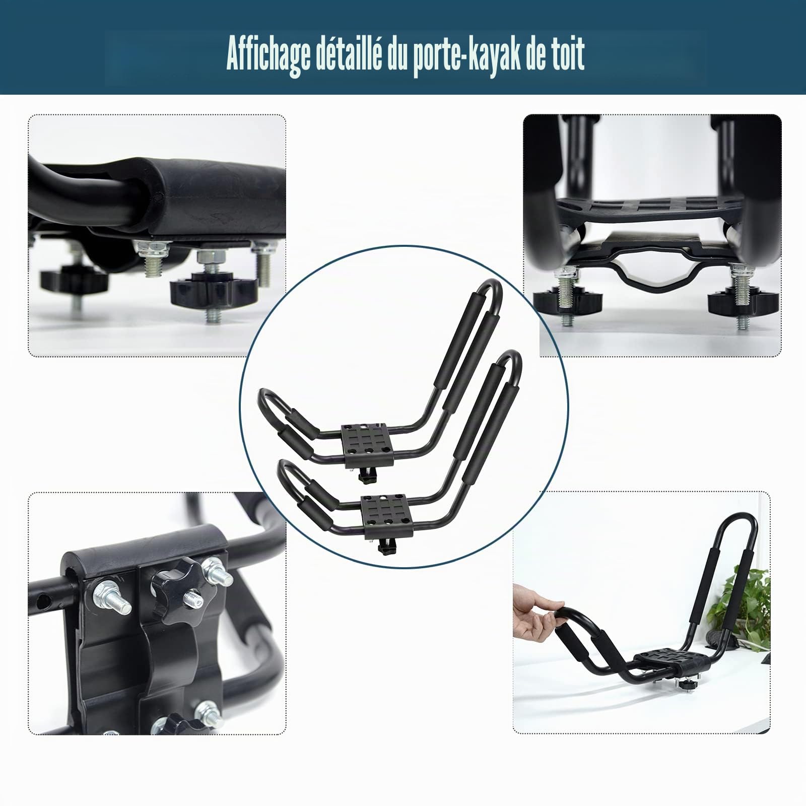 Tonchean Barres en forme de J pour Toit de Kayak 2 Paires, Porte-Kayak de Toit, Montage Supérieur avec 4 Sangles pour Canoë, Bateau, Surf, Ski, Vélo, Compatible avec SUV et Voiture