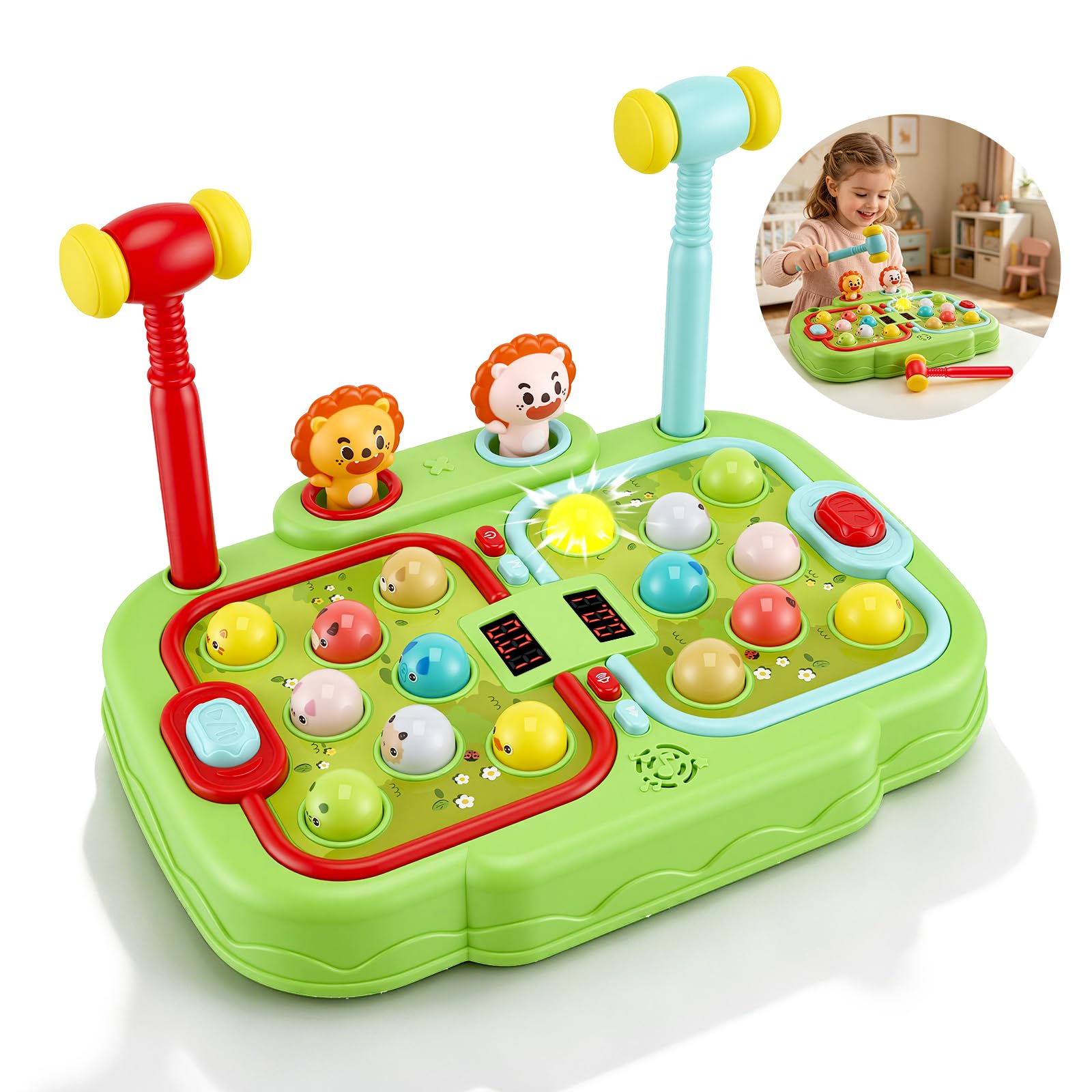 Whack a Mole Spiel für Kinder - Interaktives Musik Spielzeug mit 2 Hämmern, 16 Maulwürfen zur Förderung der Motorik - Entwicklungsspielzeug mit Beleuchtung & Soundeffekten, LCD-Display Arcade Spiel