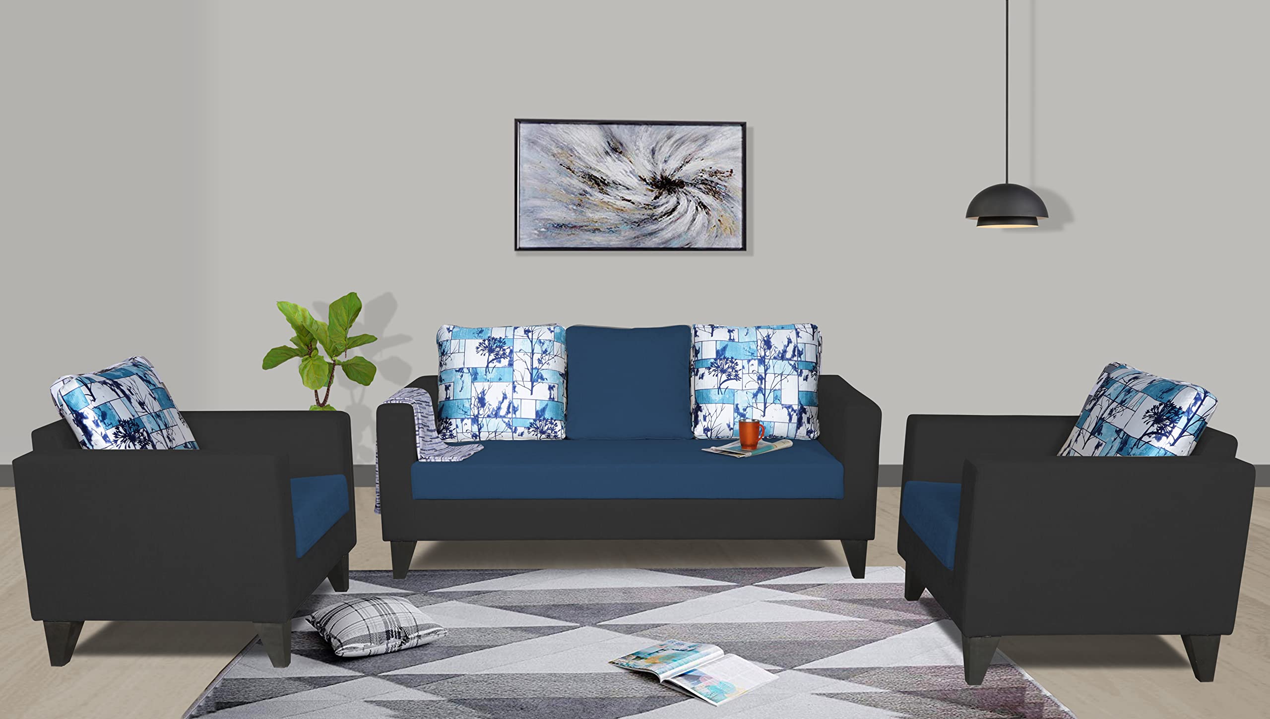 SofaArchitect Harellson 3-1-1 Five Seater Sofa Set Digitel Print (Blue & Black)