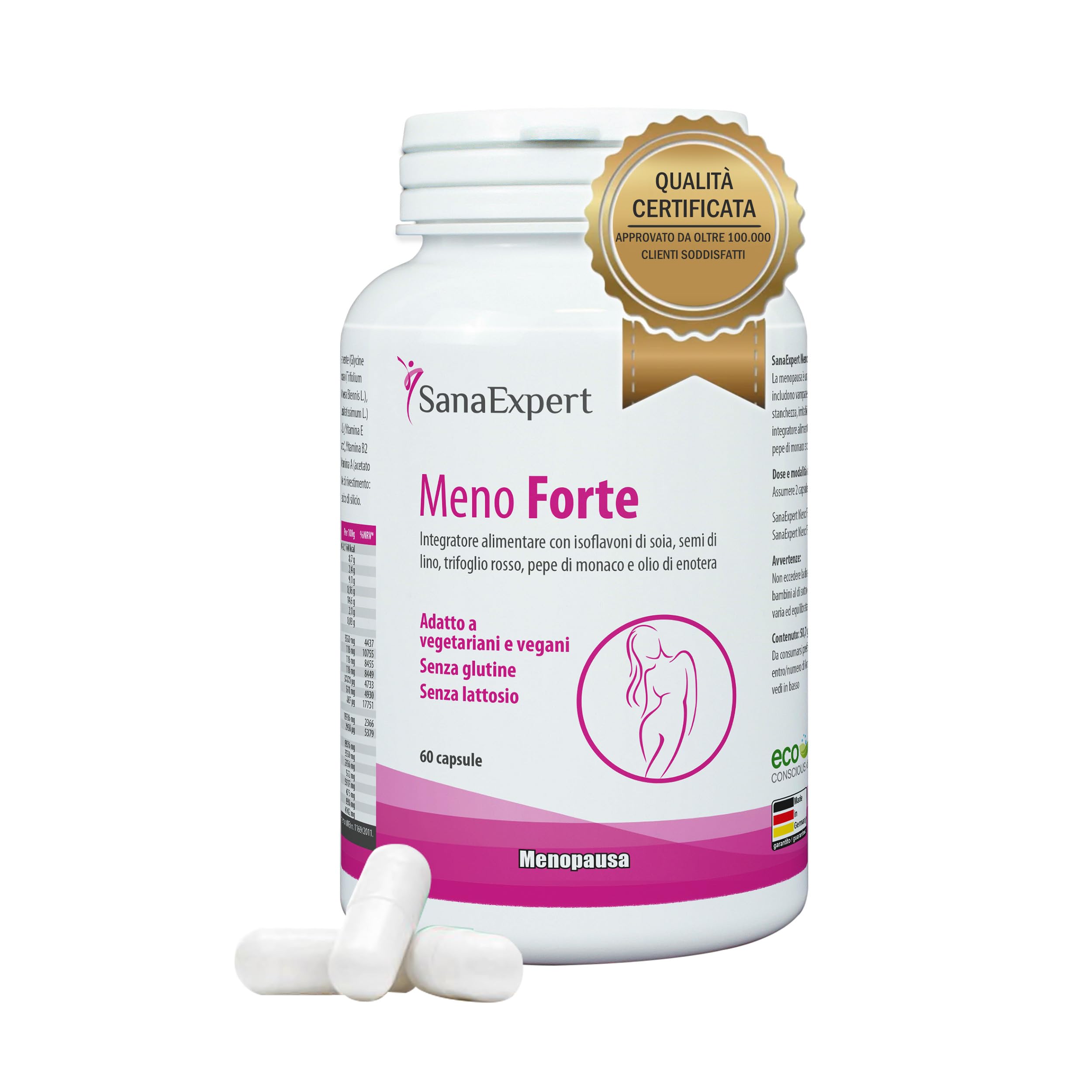 SanaExpert Meno Forte - Integratore Naturale per Alleviare i Sintomi della Menopausa - Con Isoflavoni di Soia, Calcio, Selenio e Vitamine - 60 Capsule - Prodotto in Germania