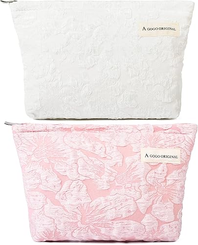 Bolsa de maquillaje grande de 2 piezas, bolsa de cosméticos floral, color rosa y blanco, de lona, bolsa de aseo de viaje, organizador de brochas de