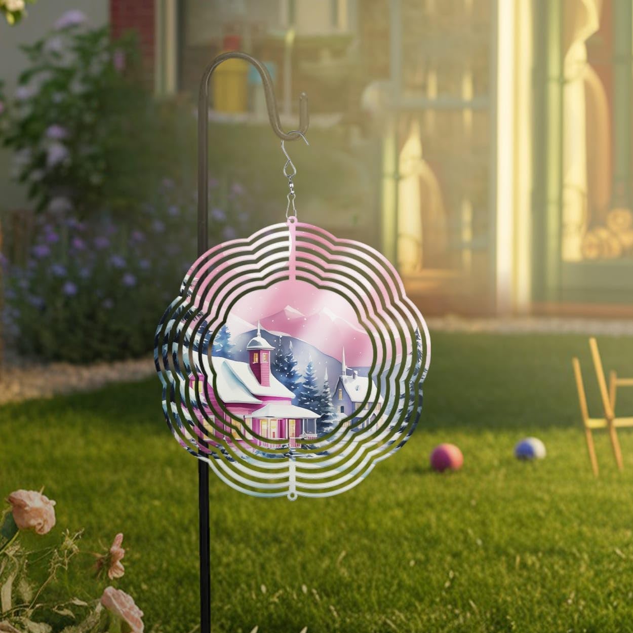 Pink Farmhouse Merry Christmas Wind Spinners 3D Stainless Steel Laser Cut Metal Double Sided Printing-Hanging Indoor/Outdoor Decorations Yard Gardening Decor,Metal Kinetic Art 14x14 inches