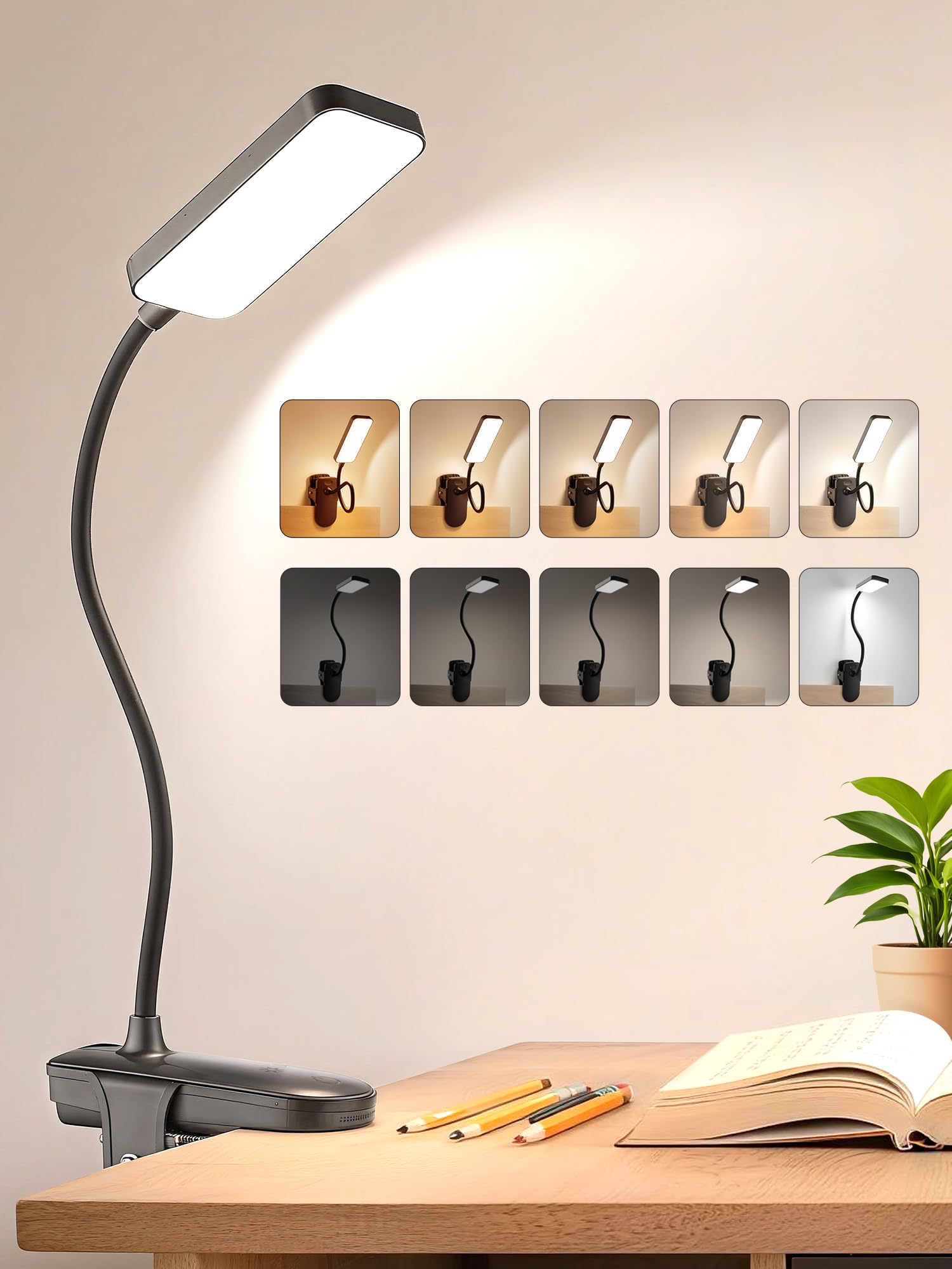 Clip on Light,9 Brightness+5 Colors+Memory Reading Light,4000mAh Battery Lamp,450 Lumen Bright Rechargeable Lamp,48 LED Desk Lamp, Cordless & Wireless Desk Light for Home Office/Bedroom/Bedside Table