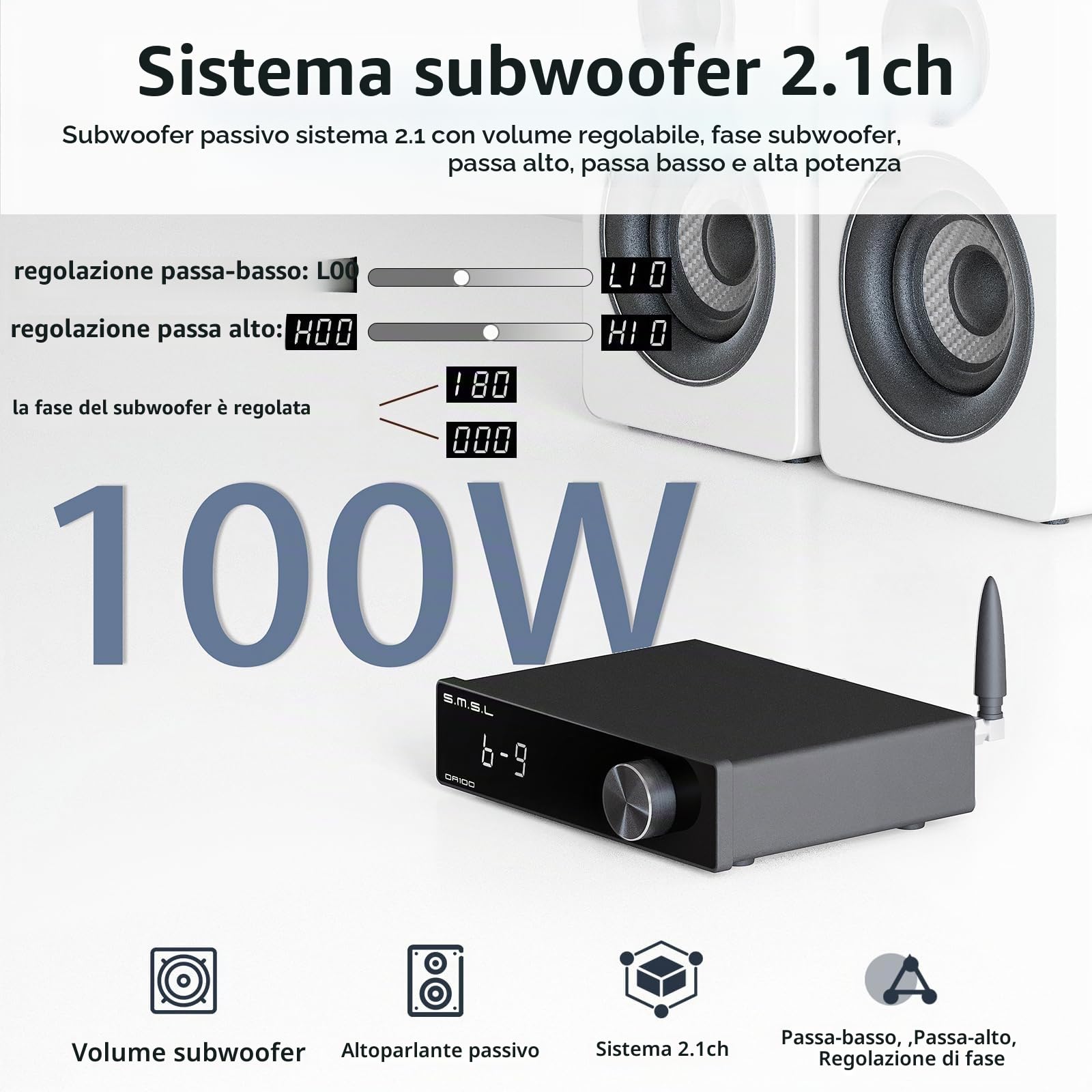 SMSL DA100 Amplificatore di potenza 100W TI TAS5827 *2 Amp di Classe D Subwoofer 2.1 passa-alto/basso Bluetooth5.3 Controllo elettronico del Volume Amp Stereo BT/USB/HDMI(ARC)/Ottico/Ingresso di linea