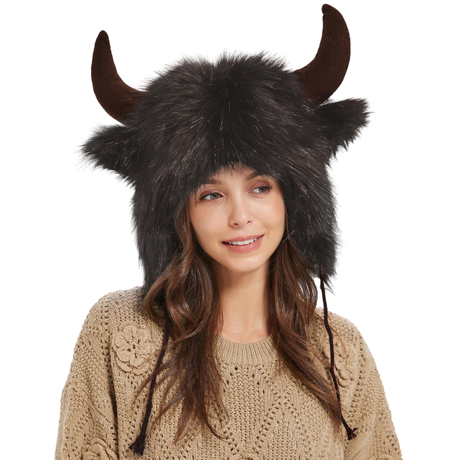 Sombrero de bisonte con cuernos – Sombrero de cuerno de felpa – Sombrero de oreja para Halloween, regalo para hombres y mujeres para animales Cosplay Festival fiesta temática aventura al aire libre