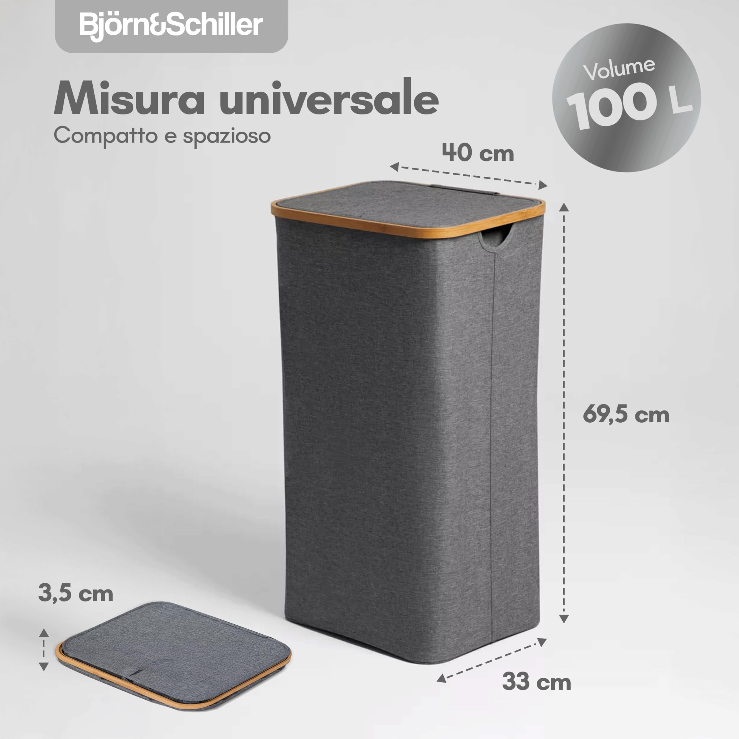 Cesto portabiancheria con coperchio, contenitore bucato con 2 scomparti, 100 litri, stretto e alto, tessuto Oxford, struttura stabile, grigio