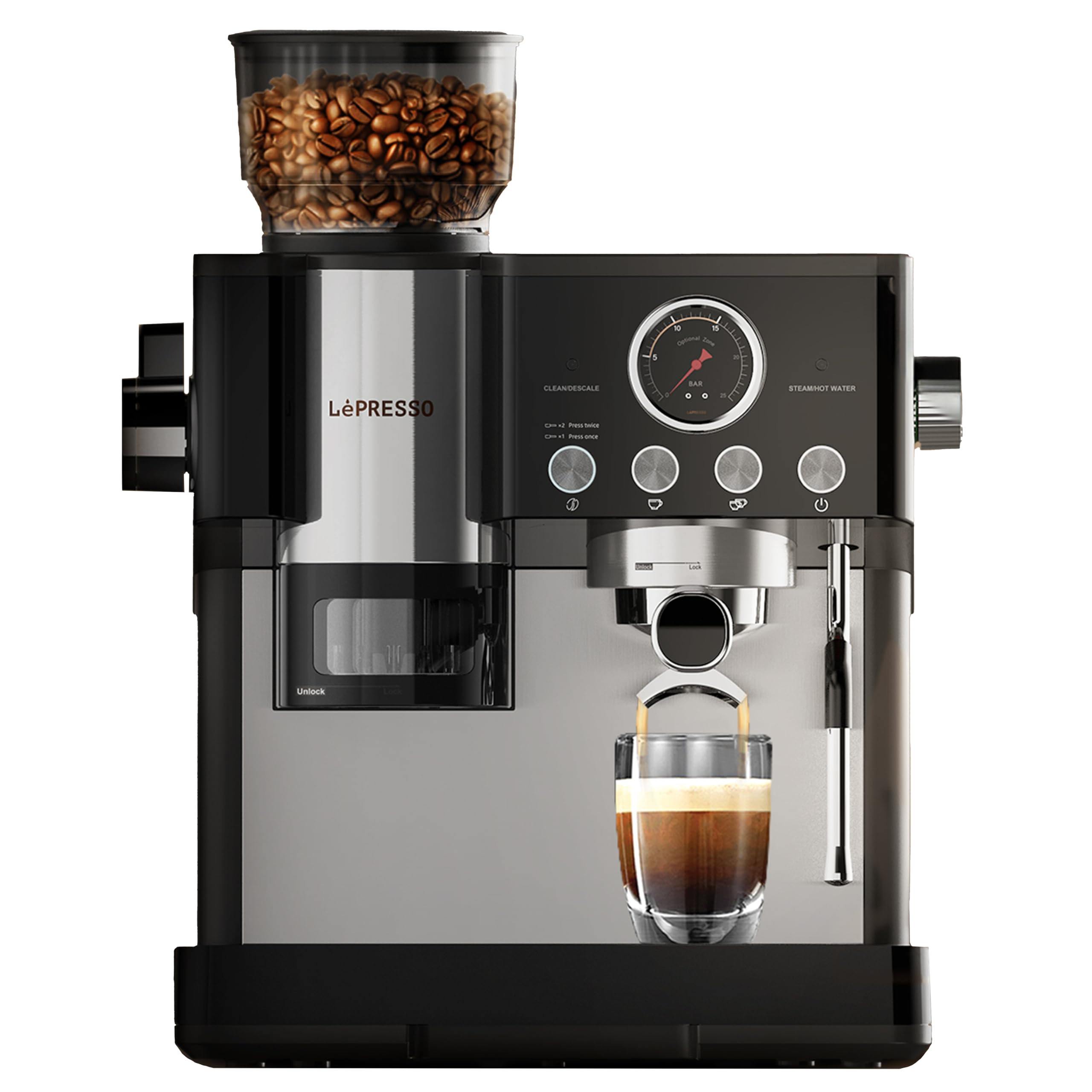 LePresso Semi-Automatic Coffee Machine with Adjustable Grinder, Espresso Machine with Smart Tamping System, Industrial 58mm Porta Filter, 19Bar Pump, Multiple Brewing Option, Large Water Tank Capacity Maestro