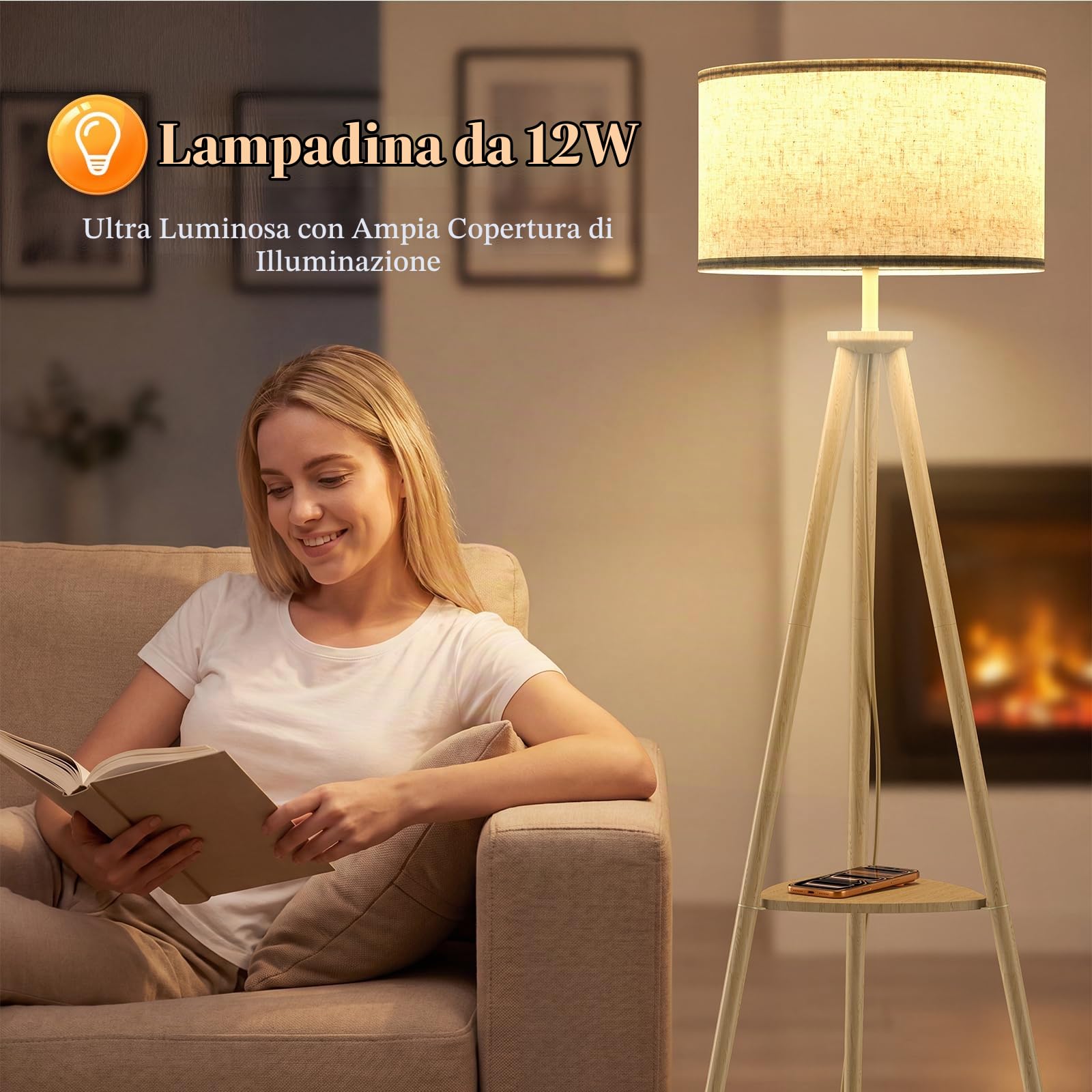 Lampada da Terra ad Treppiede LED con Ripiani Portaoggetti - 12W Piantana da Lettura Solido Regolabile con Telecomando & LED E27 per Soggiorno, Camera da Letto, Marrone Chiaro - Mensola Triangolare
