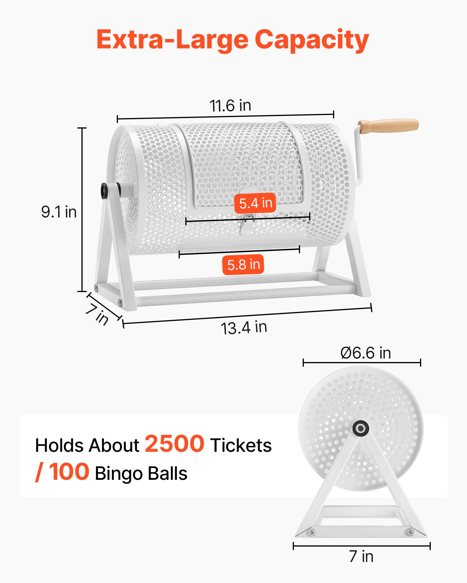 VEVOR Tamburo per Biglietti della Lotteria 295 x 167 mm, Gabbia Girevole Bianca per Lotteria con Maniglia Rinforzata e Base Triangolare, capacità 2500 Biglietti o 100 Palline, per Concorsi a Premi