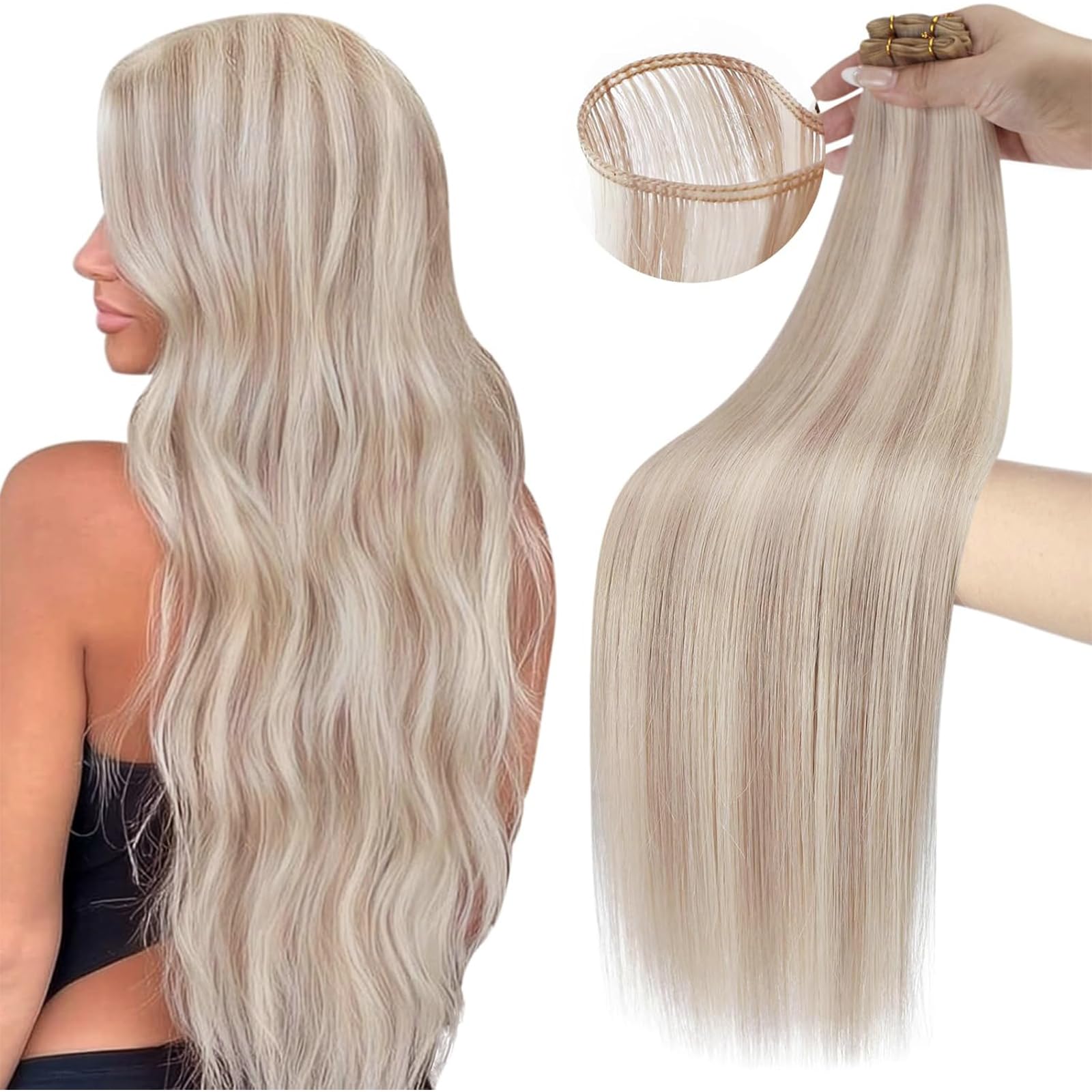 Moresoo Butterfly Weft Hair Extensions Remy Human Hair Ash Blonde Highlight Bleached Blonde 18 Inch OVO Weft Hair Extensions Human Hair Ash Blonde Highlight 100g/pack #18/613 — view 49