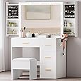 DWVO Makeup Vanity with Lighted Mirror, Vanity Desk with Power Strip, Adjustable Lighting, 4 Drawers, and Cushioned Stool for Bedroom, Dressing Room