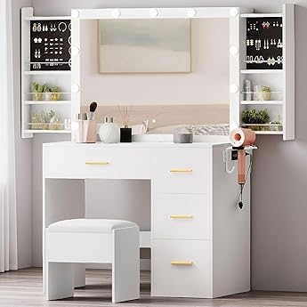 DWVO Makeup Vanity with Lighted Mirror, Vanity Desk with Power Strip, Adjustable Lighting, 4 Drawers, and Cushioned Stool for Bedroom, Dressing Room