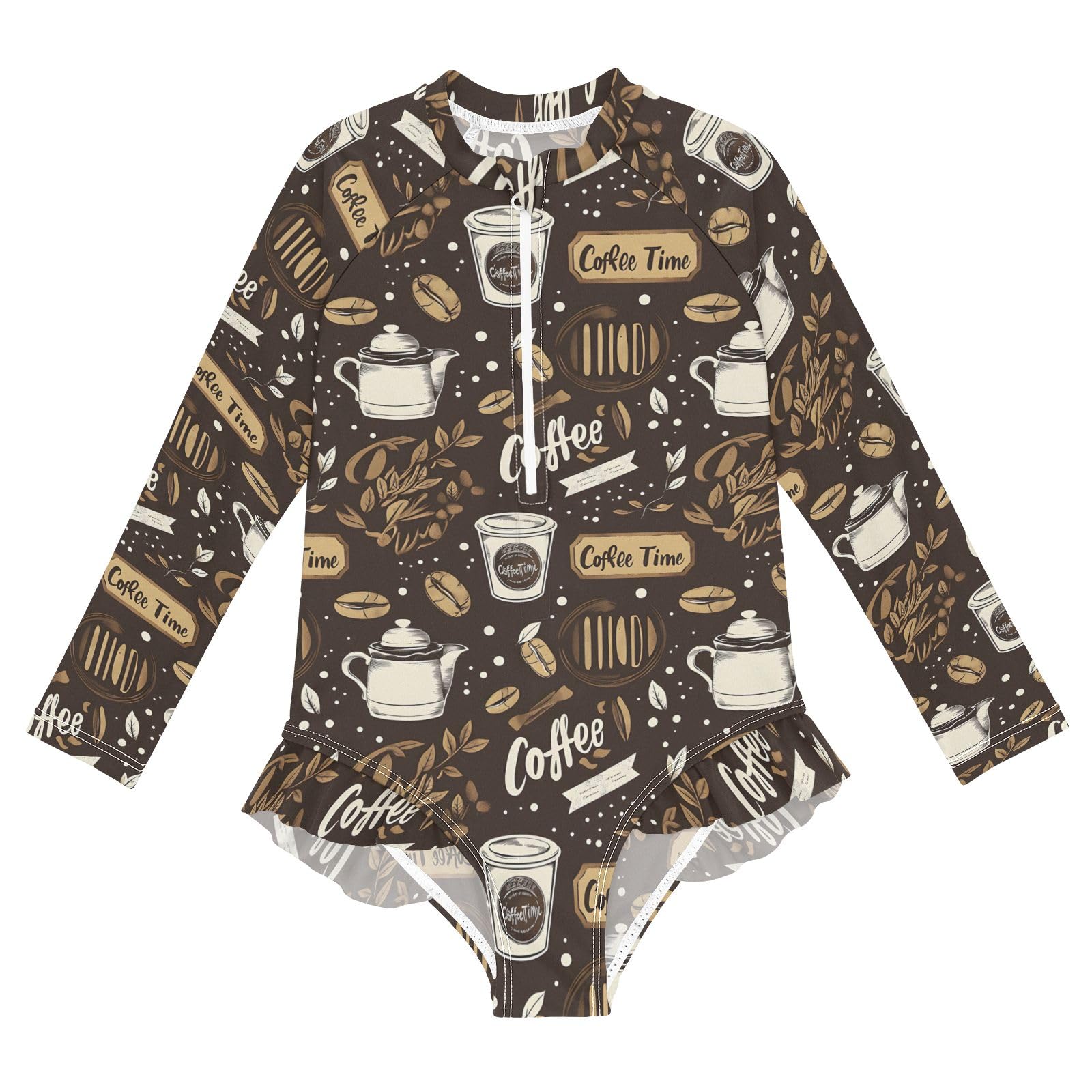ALAZA Swimsuit for Girls Long Sleeve Rashguard Bathing Suit Brown Coffee Beans Cups Quick Dry 4T