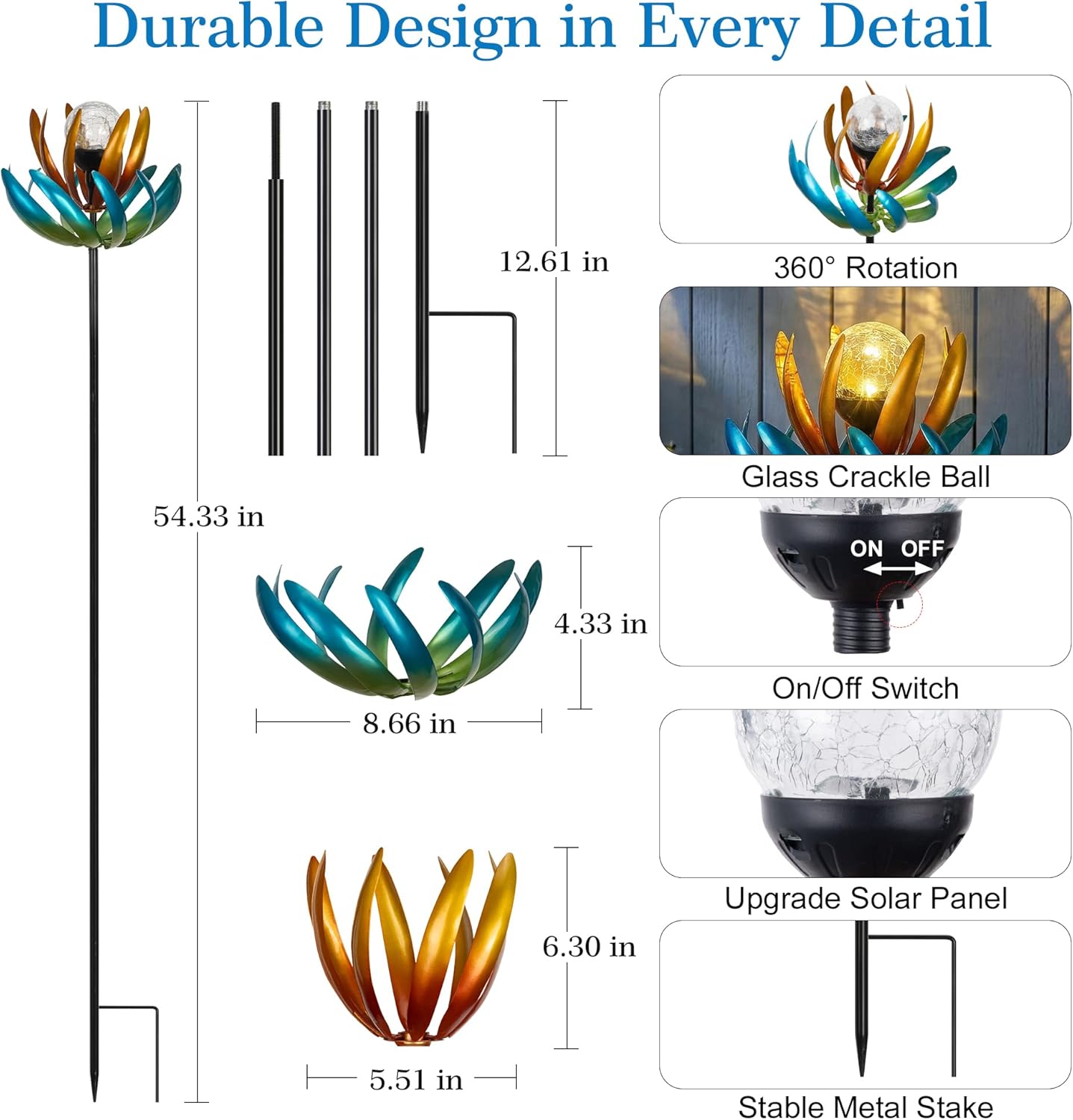 Wind Spinner Outdoor, Solar Wind Spinner with Warm Light, Outdoor Garden Decorative Windmill with LED Light, Waterproof Metal Garden Decor for Lawn Patio Pathway Yard