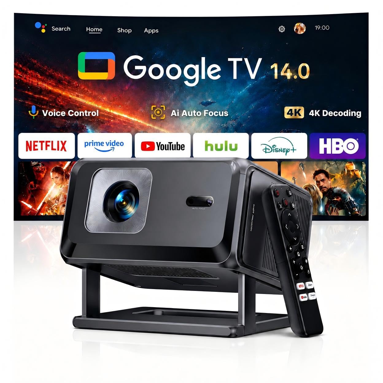 TOPTRO Vidéoprojecteur 4K【Google TV & Contrôle Vocal】 Projecteur Video FHD 1080P HDR10, Auto Focus/ 6D Keystone Rétroprojecteur avec WiFi, Bluetooth 5.4, Videoprojecteur Portable pour Home Cinéma