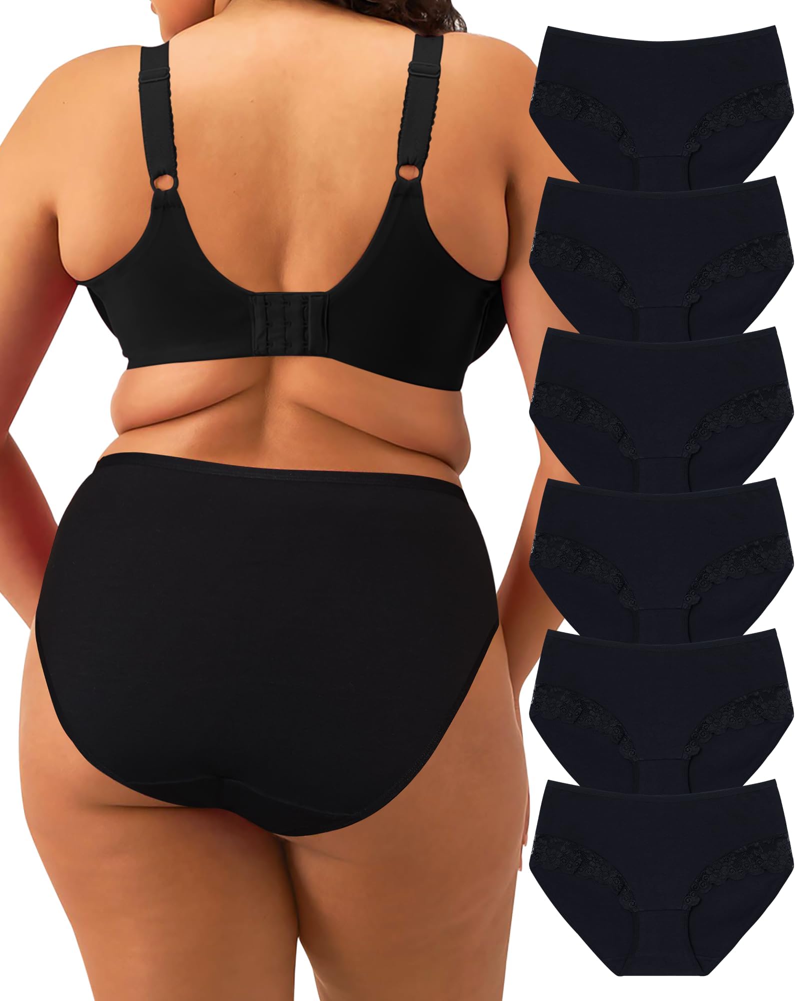 Women's Plus Size Comfort Briefs Women's Cotton High Waist Soft Panties Lace Cotton Underwear Bikini Panties, Pack of 6