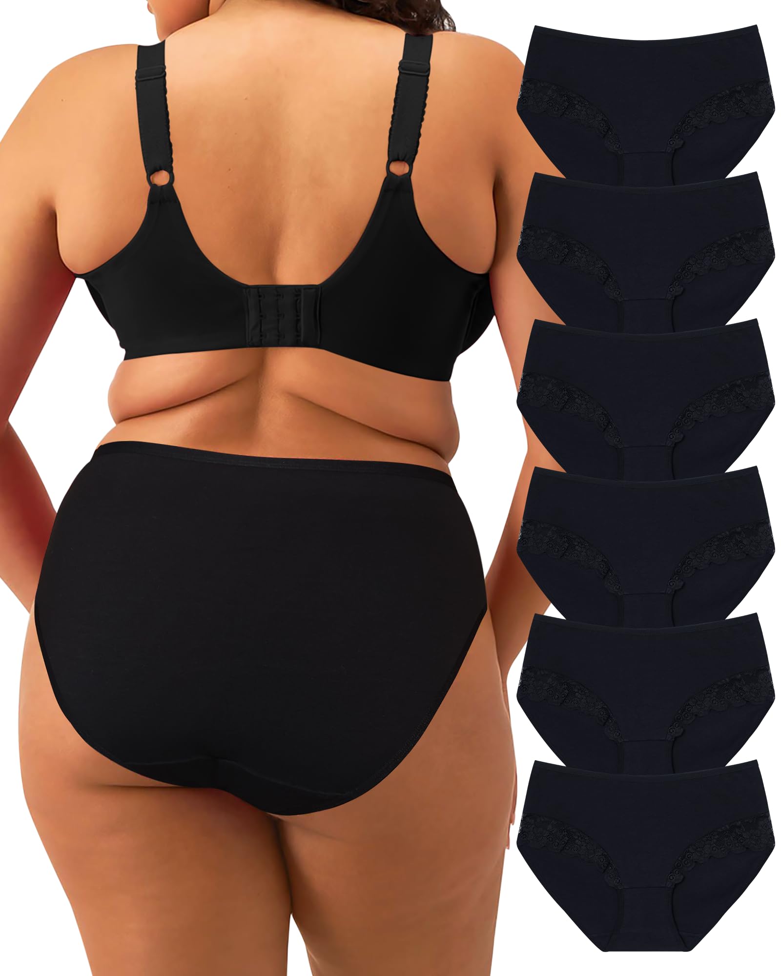 LEVAO Plus Size L-4XL Womens Underwear Cotton Cheeky Bikini Lace Hipster Panty Stretch Full Briefs 6 Pack