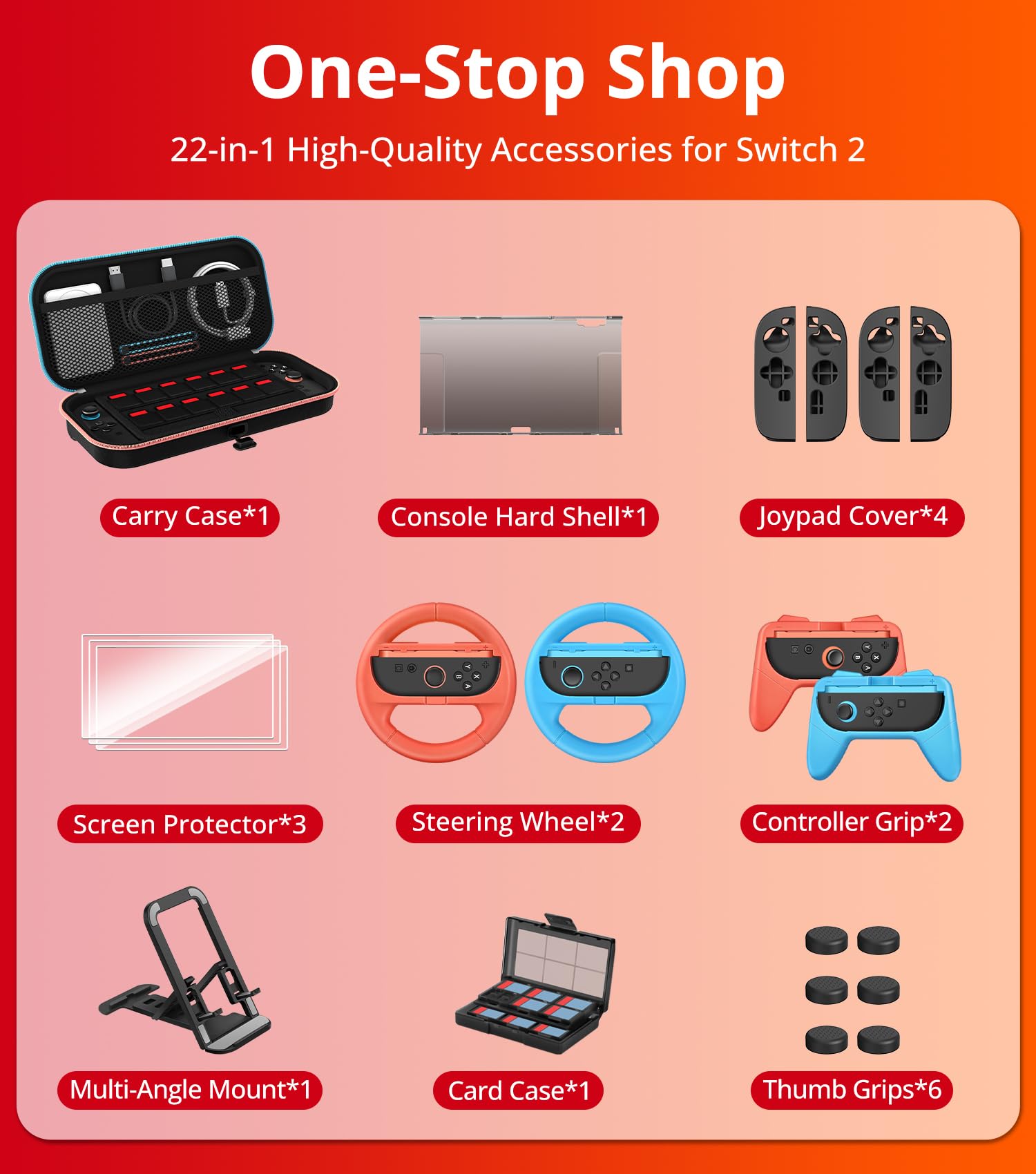 ivoler 21-en-1 Kits Accessoires pour Nintendo Switch 2, Pochette de Chargement, Coque de Protection, Protections Écran, Volants, Support de Jeu, Poignées Manettes Joy-Con et Étui pour Cartes de Jeu.
