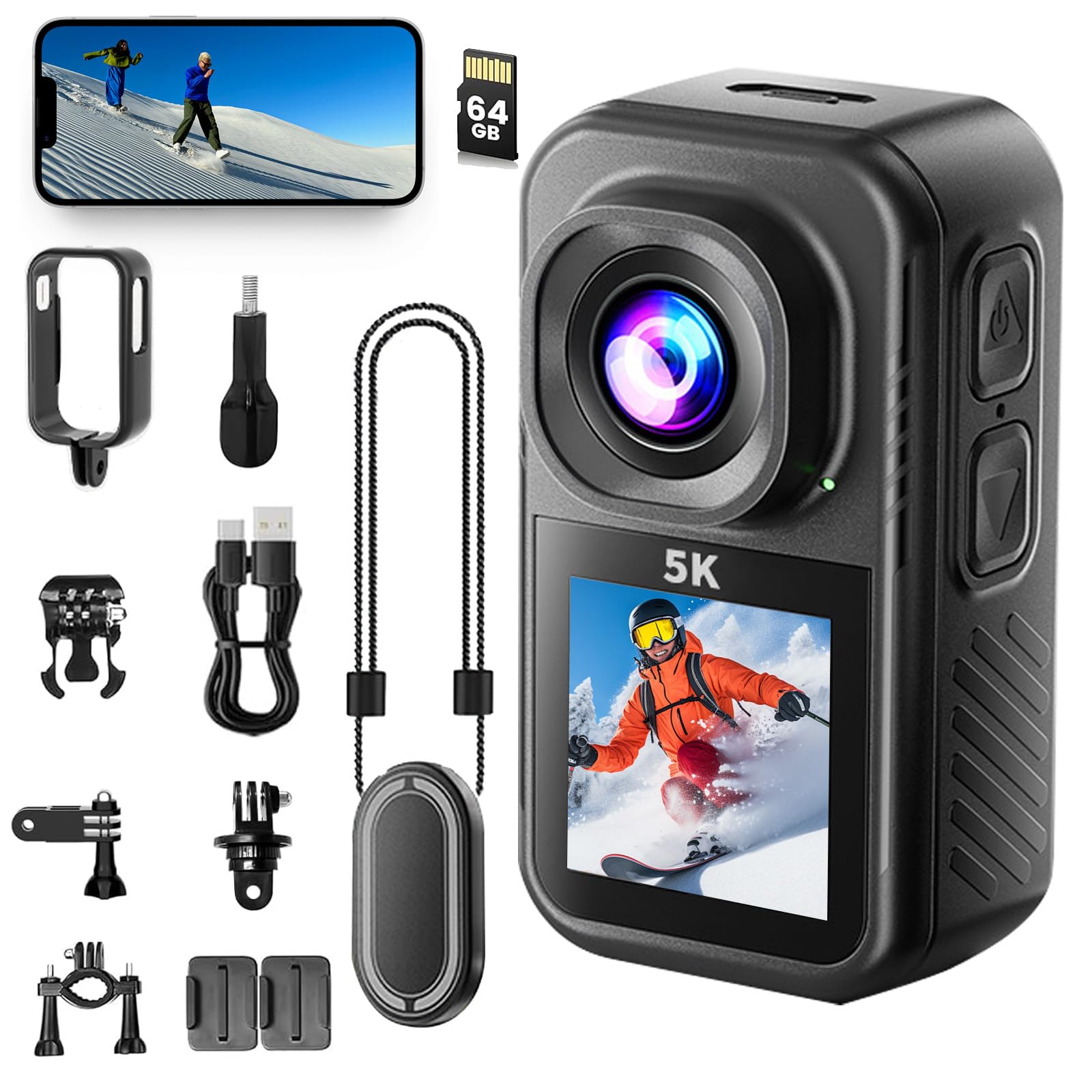 Cámara de Acción 5K Mini Cámara Corporal POV, Subacuática Impermeable 30m/EIS Pantalla Táctil /Imagen Clara,Body Cam Accesorios Multifuncionales WiFi para Ciclismo, Viajes,Caminatas + Tarjeta 64GB
