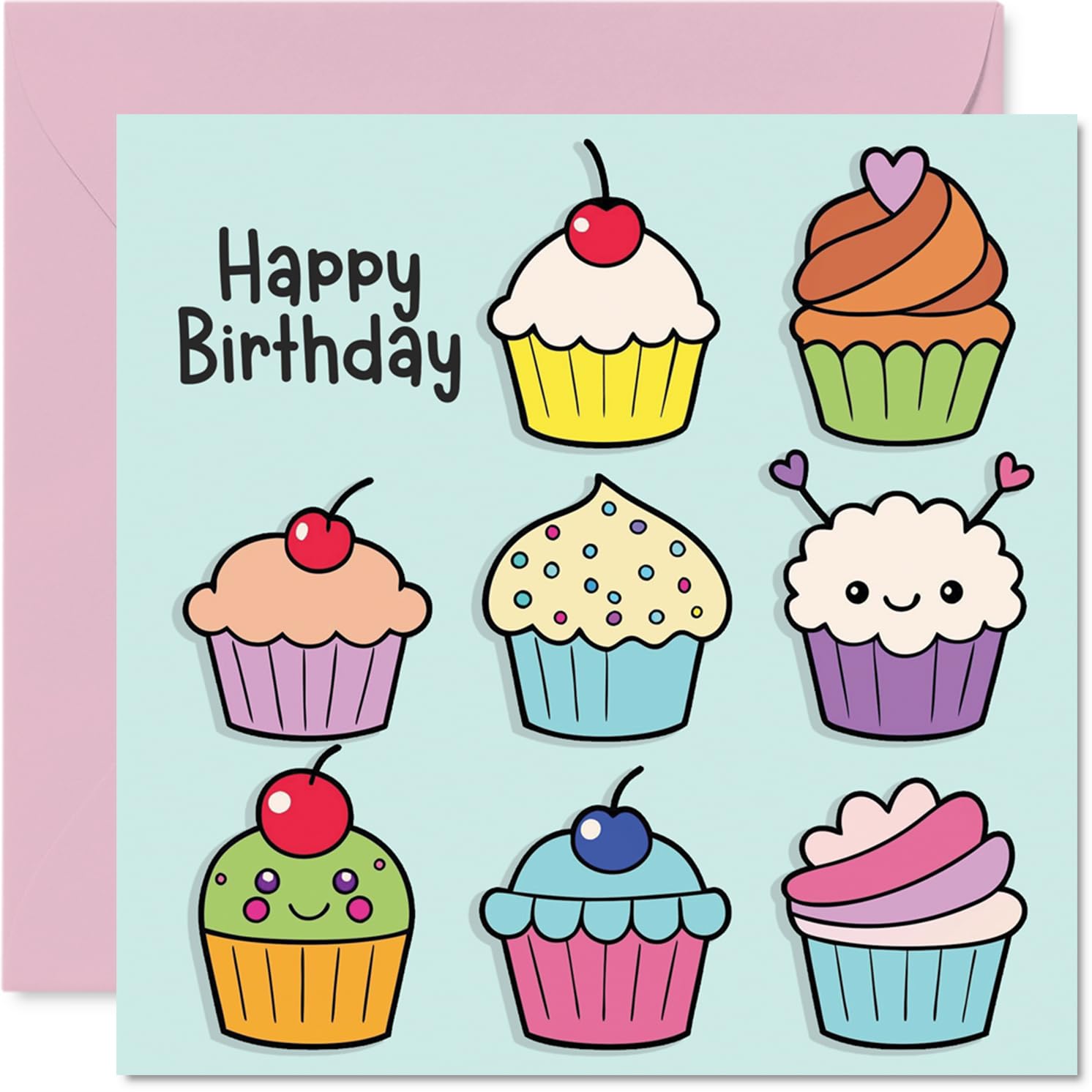 Family Birthday Card - Cupcakes - Happy Birthday Card for Family from Colleague Friends, 145mm Fairy Cake Baking Bday Greeting Cards