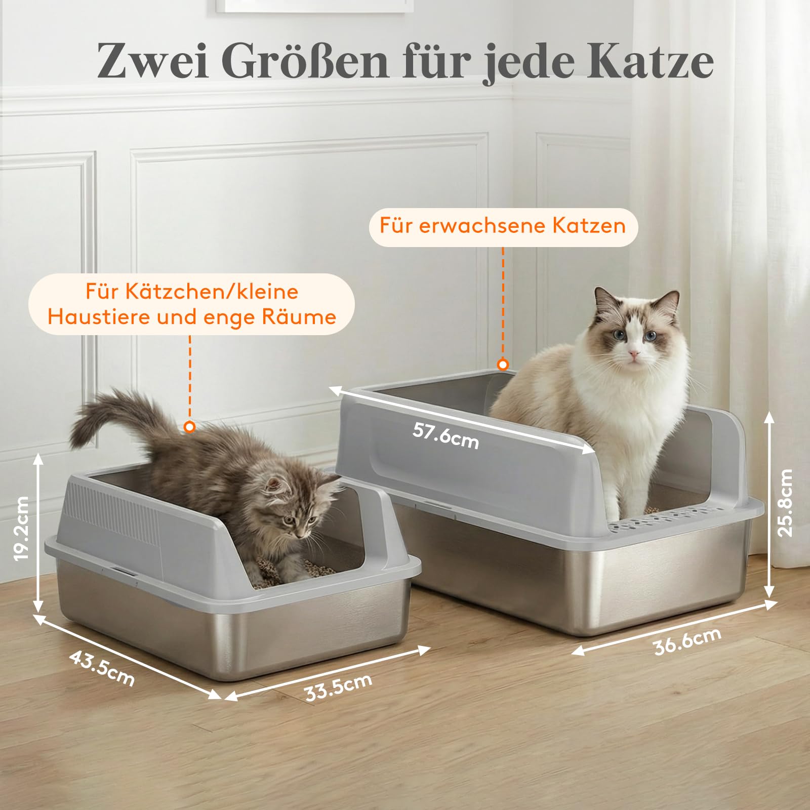 Lifewit Katzenklo Edelstahl XXL, 58x38x26cm Große Katzentoilette hoher Rand mit Schaufel für Mittelgroße und Große Katzen, Stainless Steel Cat Litter Box ohne Deckel, hop in Katzen Klo Offen, Grau - 3