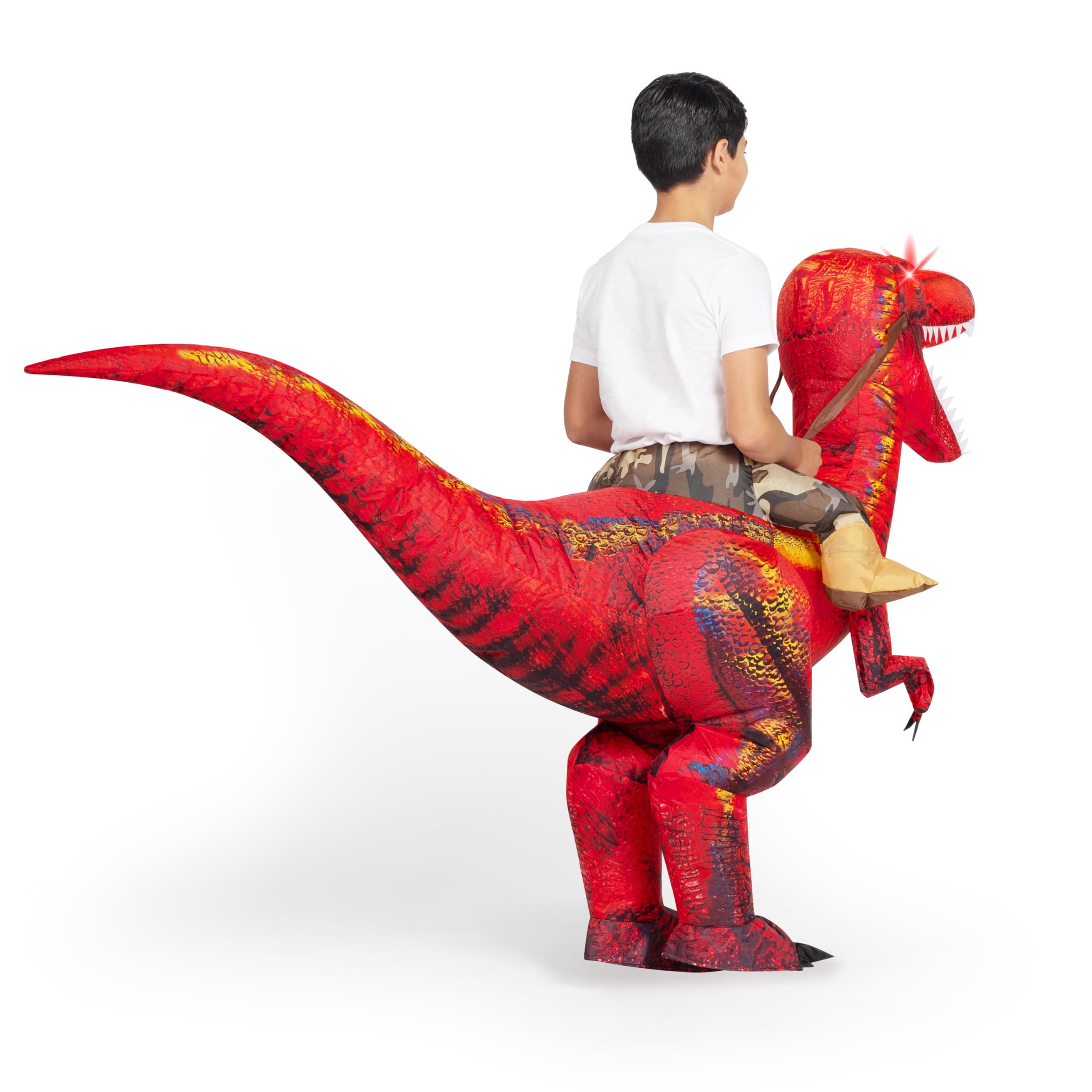 Spooktacular Creations Disfraz de dinosaurio inflable para niños, disfraz de T-Rex con ojos iluminados LED, montar un raptor, disfraces de Halloween inflables con aire impreso digitalmente