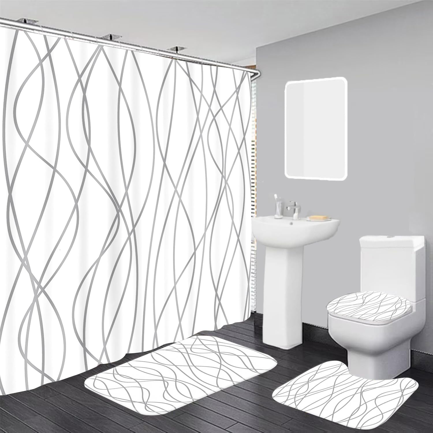 youyouplus 70.8x70.8 Inches Waterproof Shower Curtain Set, 12 Hooks, Gray and White Striped Design, Weighted Hem, Including Bath Mat, U-Shape Mat, and Toilet Lid Cover, Hotel Style Bath Accessories