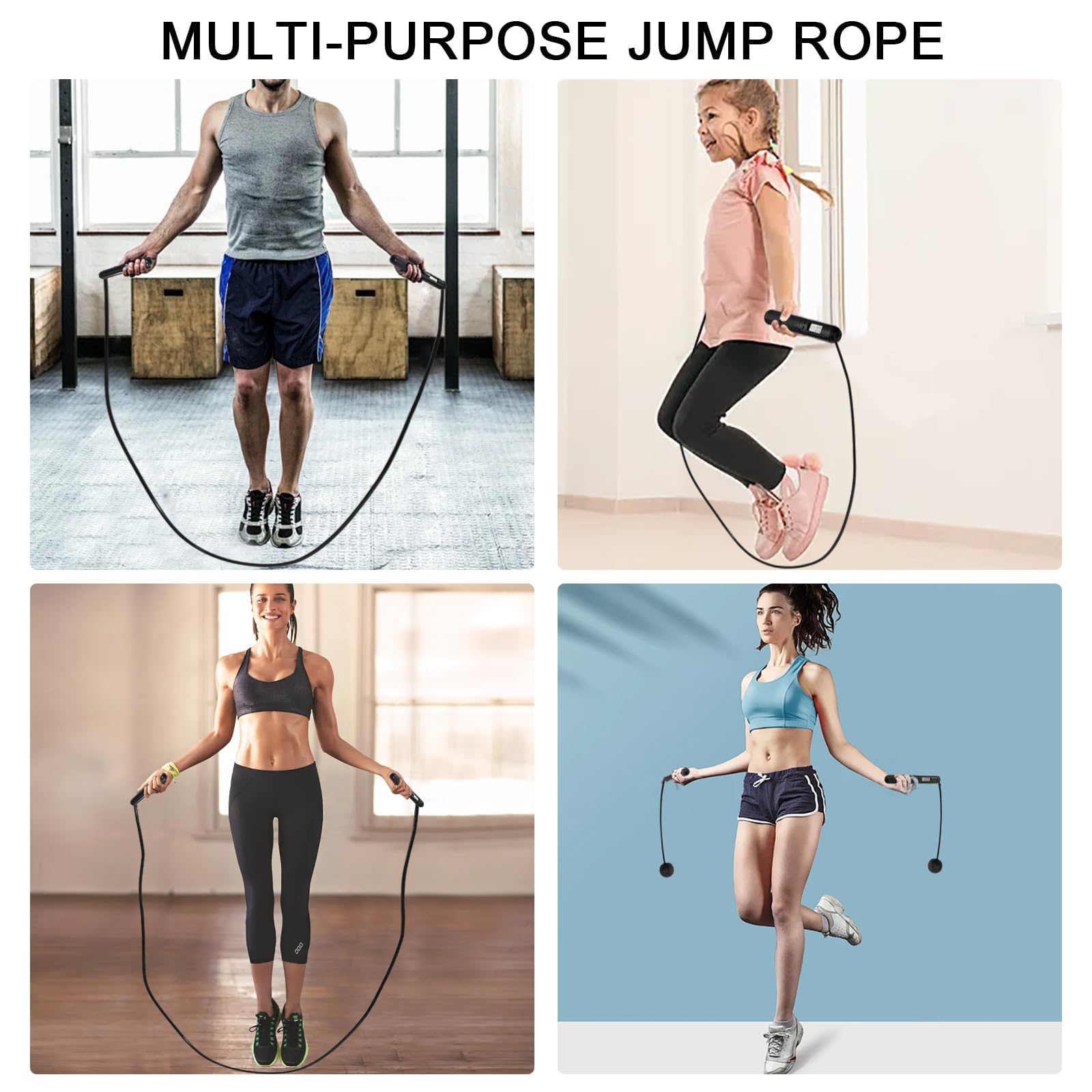 Springseil mit Zähler, 2-in-1 gewichtet, kabellos und kabelgebunden, intelligentes LCD-Display, verfolgt Kalorien, Zeit und Sprünge, verstellbare Länge mit Stahlkugellagern für Zuhause, Fitnessstudio