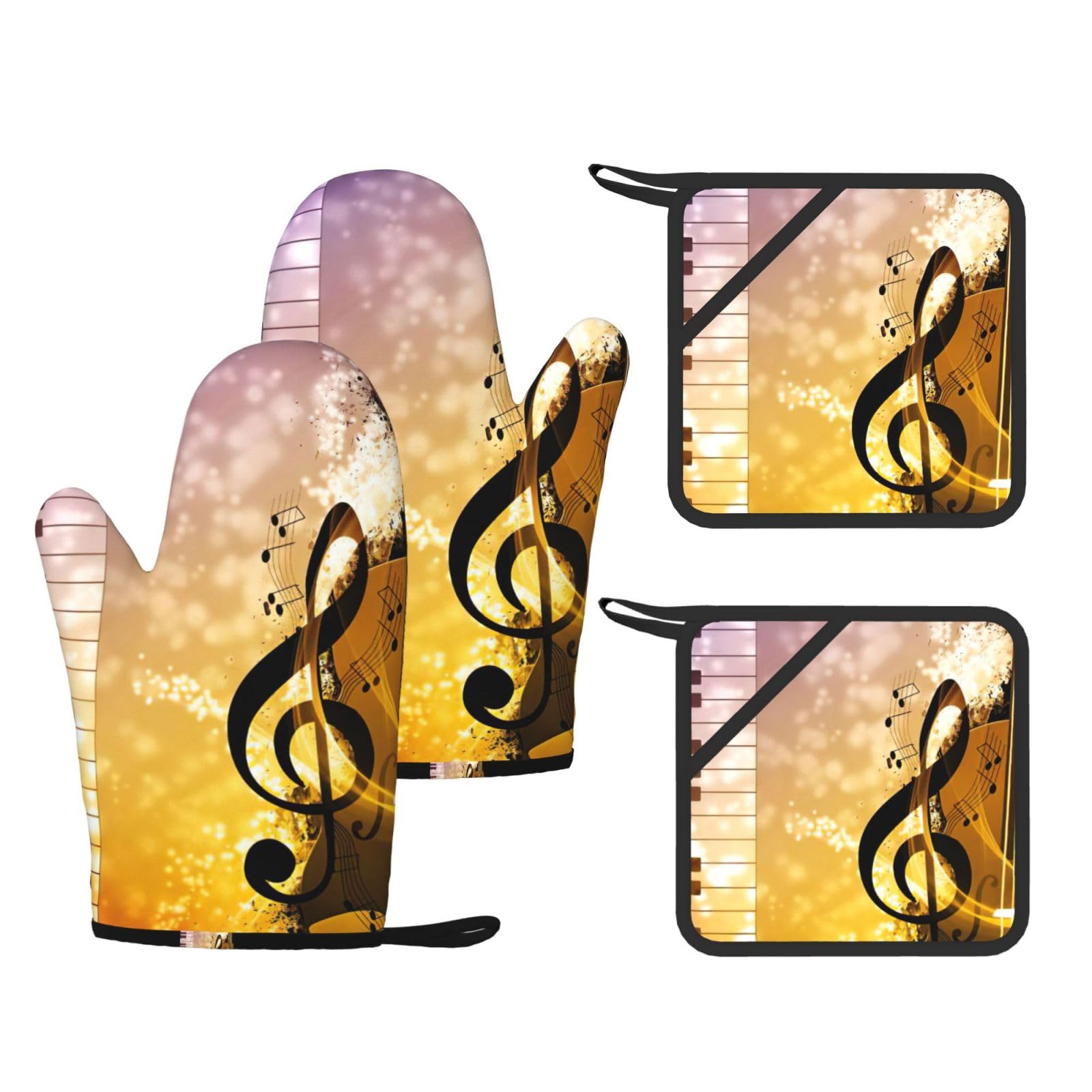 Piano Violin Music Notes Print Oven Mitts And Pot Holders Pads Set, Oven Glove High Heat Resistant 500 Degree For Kitchen