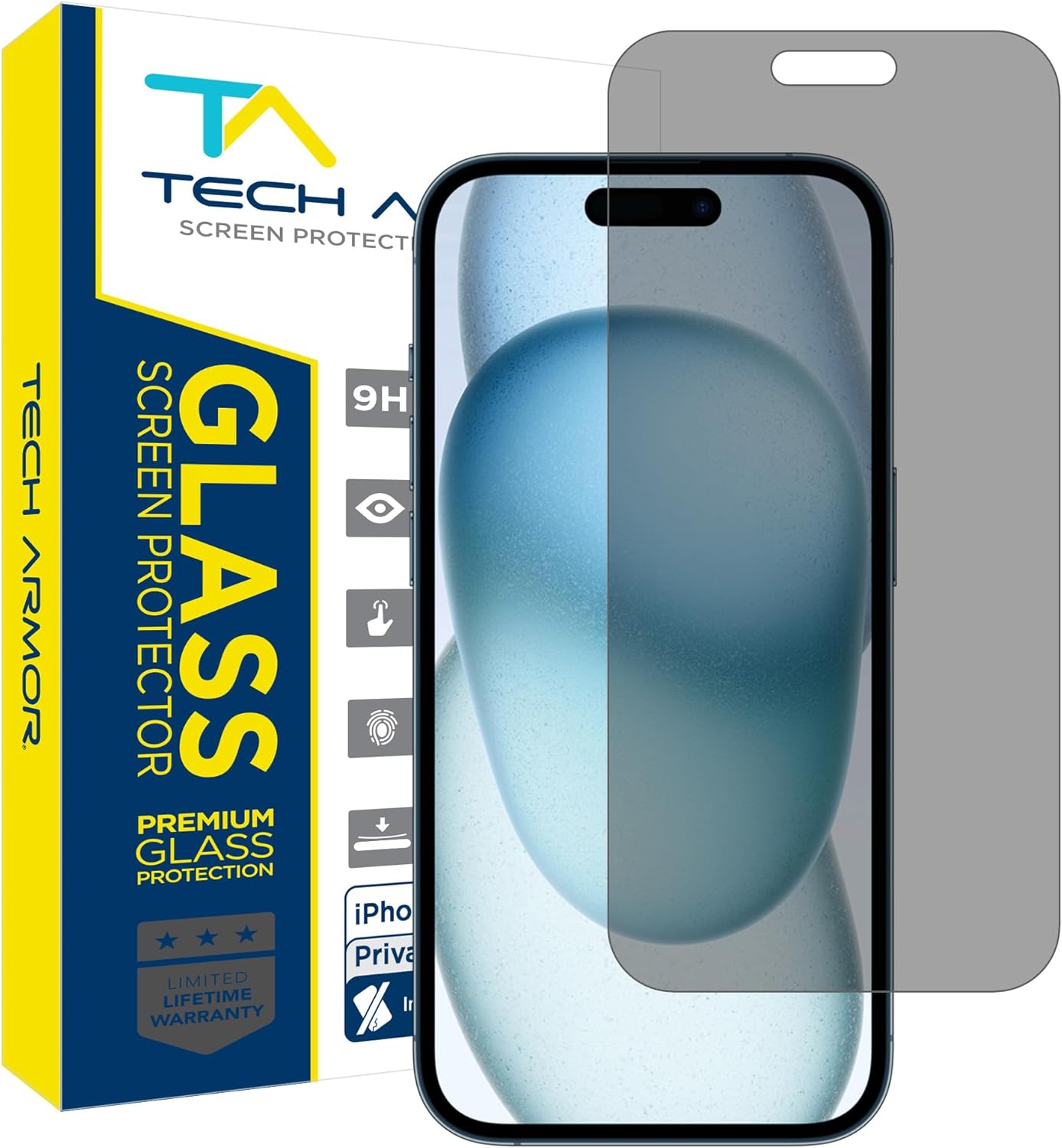 Tech Armor Protector de pantalla de privacidad para iPhone 15 de 6.1 pulgadas, vidrio templado balístico, antiespía, compatible con fundas, fácil