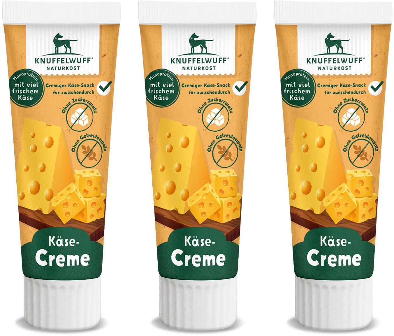Knuffelwuff Tuben Snack Käsecreme 3er Pack - mit viel frischem Käse - ohne Konservierungsmittel, ohne Zusatz von Zucker und Getreide - Ideal auch für Welpen - Made in Germany