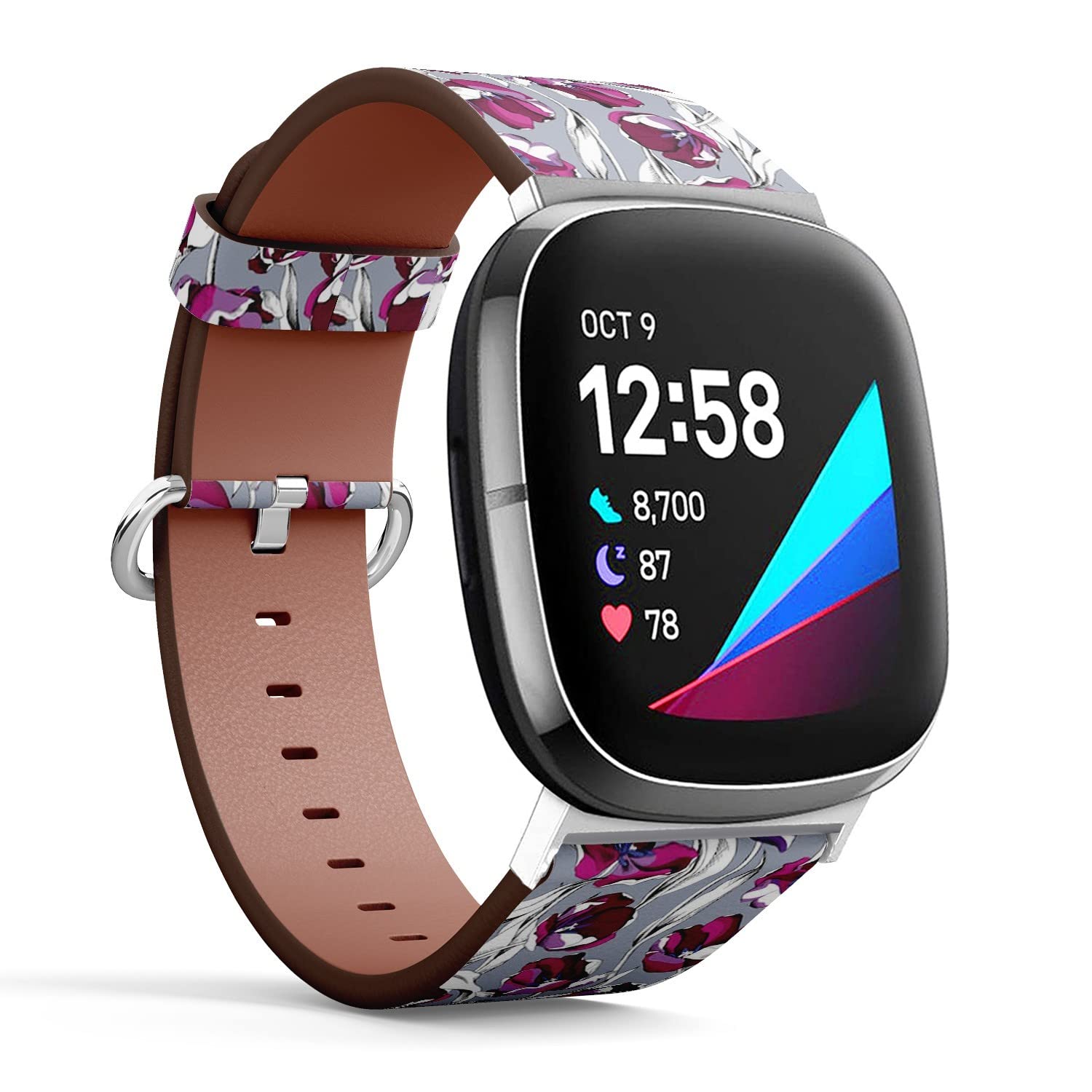 CJBROES Replacement Leather Watch Band, Compatible with Fitbit Versa 3 and Fitbit Sense of Wristband Bracelet Accessory - Image-Black-Tulip
