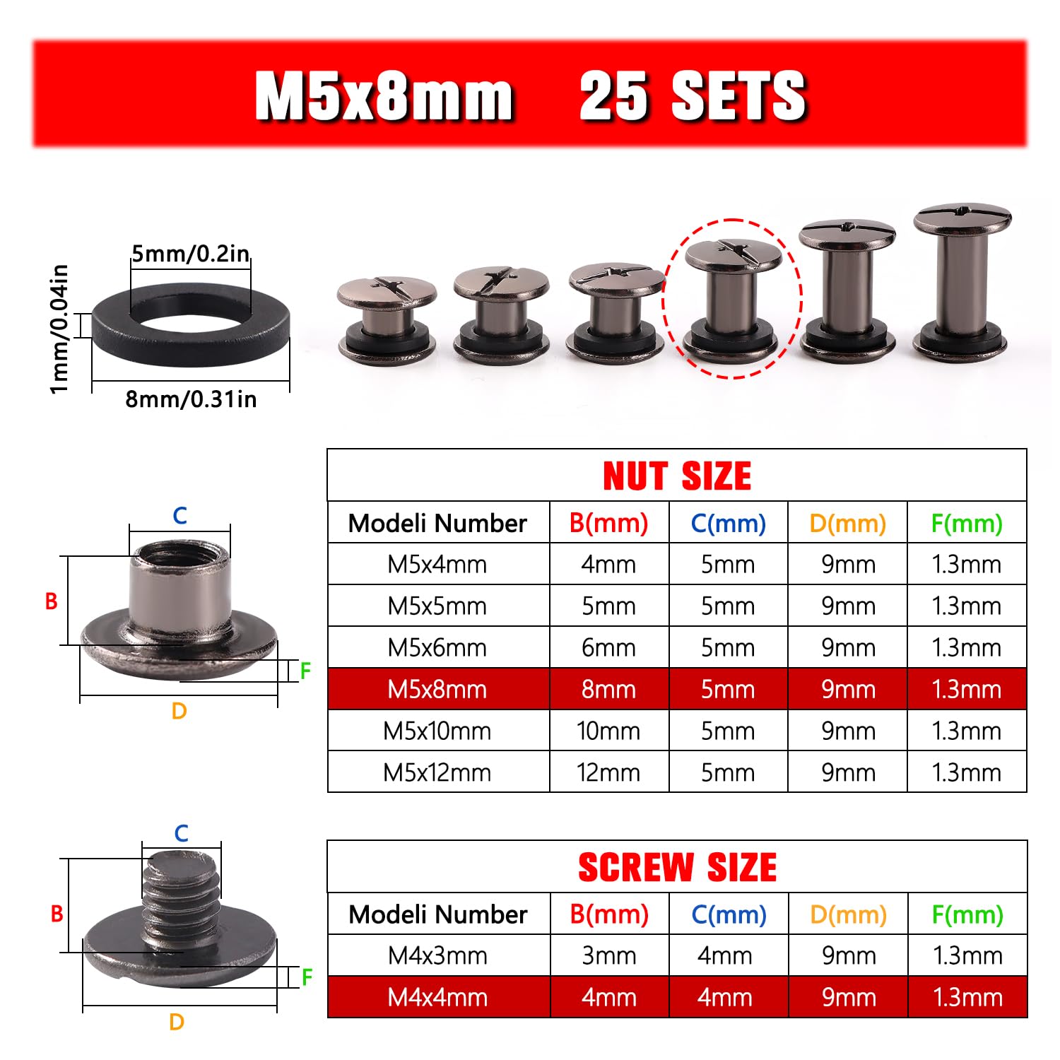 YIXISI 25 Set M5x8mm Chicago Binding Screws Kit, Book Binding Rivets, Leather Rivets, Binding Screws Posts - Image 2