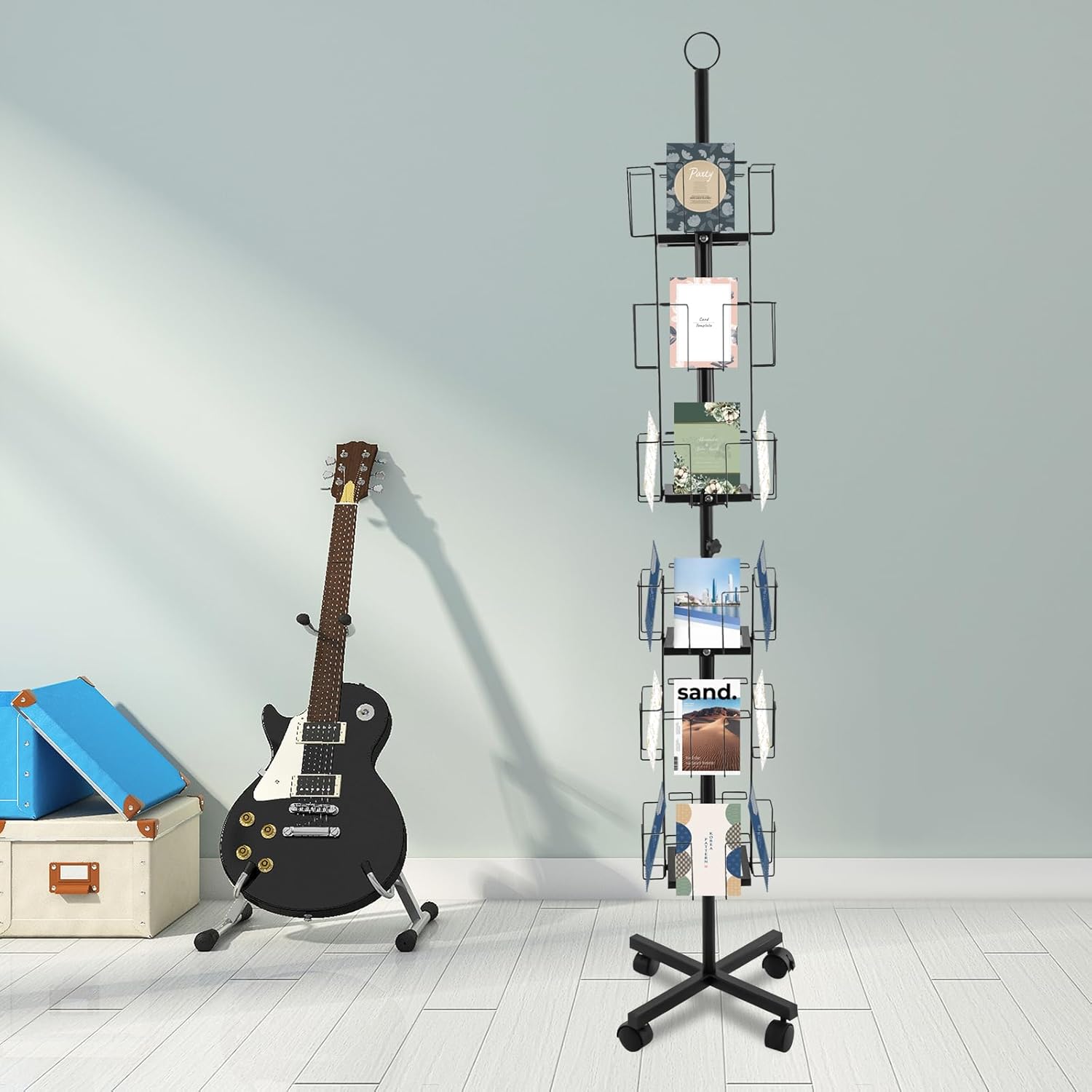 PERFERATE Greeting Cards Display Stand 24 Pocket Rotating Greeting Card Display Rack with 4 Lockable Wheels Metal Post Card Holder Post Card Storage for Christmas, Office, Shop (Black, 1 Pack)