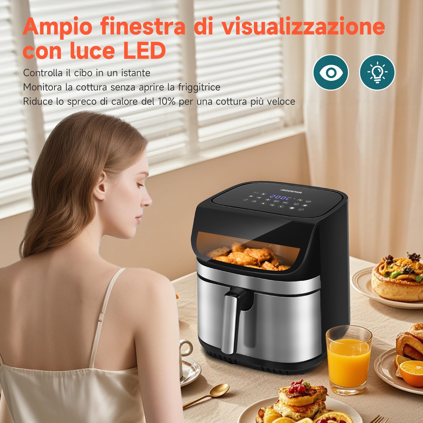 Aigostar Friggitrice ad Aria XXL 8,8 Litri, Air Fryer Doppia Resistenza, Risparmio Energetico 55%, 13 Programmi, Interno Acciaio Inox, Touchscreen & Finestra, Comunità Ricette, 2200W, Nero