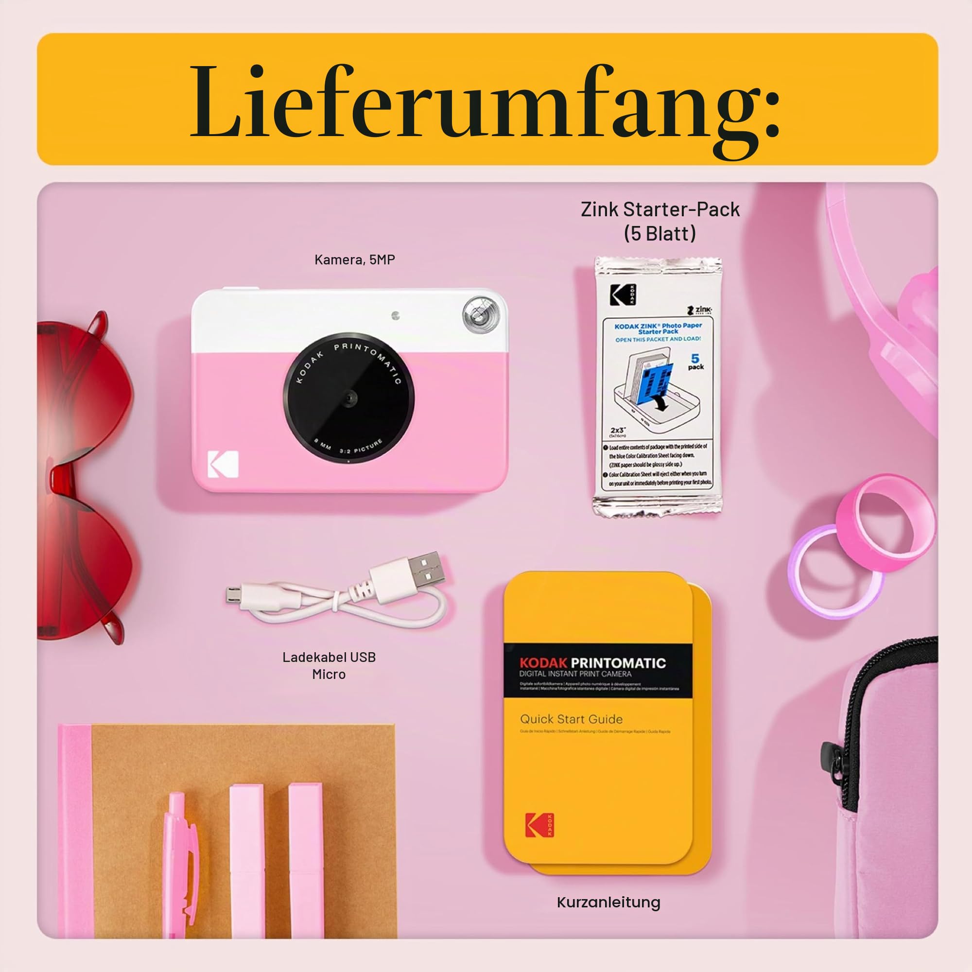 Kodak Printomatic Sofortbildkamera (Rosa) Basis-Paket + Zinkpapier (20 Blätter) Etui + Bequemer Halsriemen