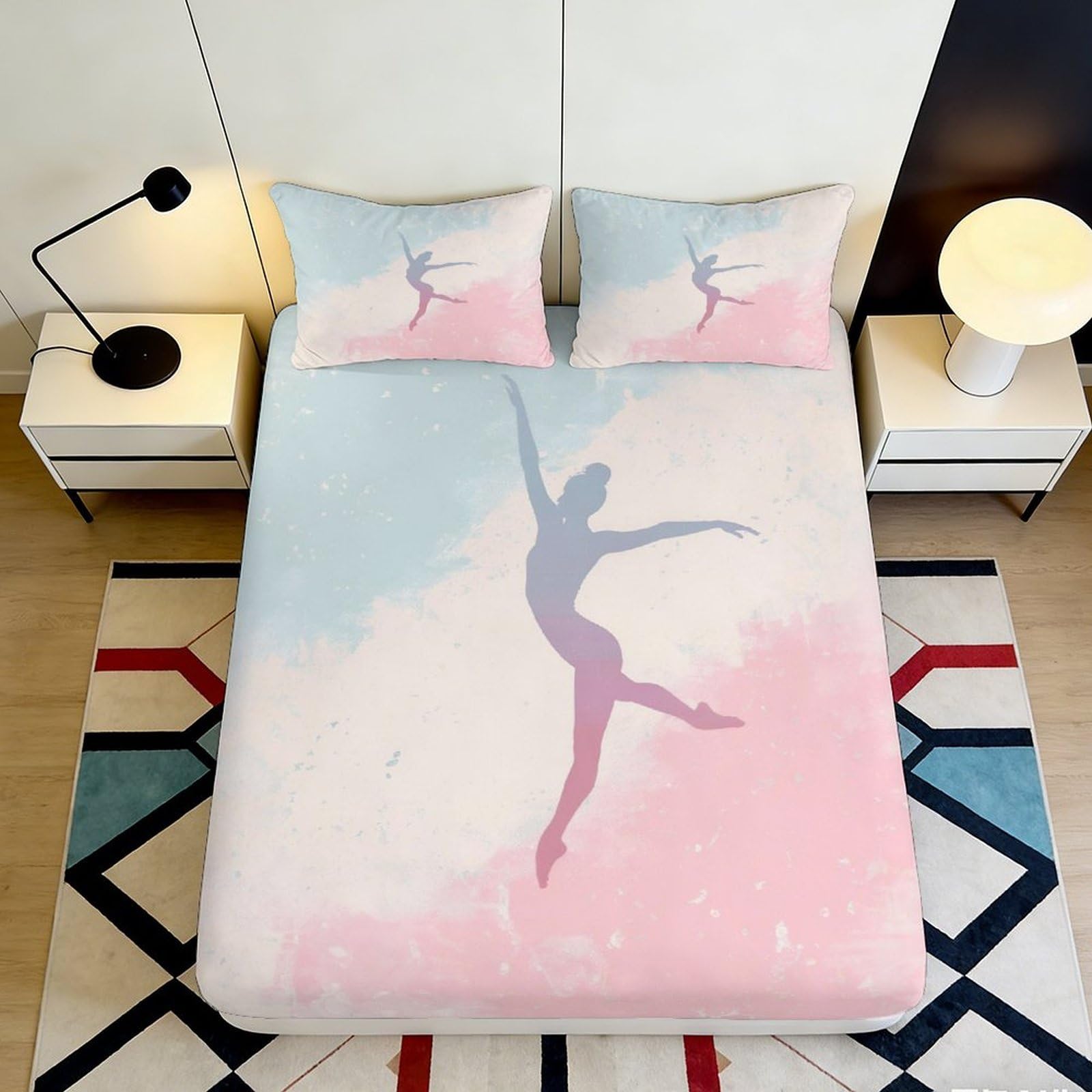 3D Printed Ballet Silhouette Fitted Sheet Microfiber Pink Blue Gradient Bed Cover Anti-Slip for Bedroom Dorm 90x200x25cm