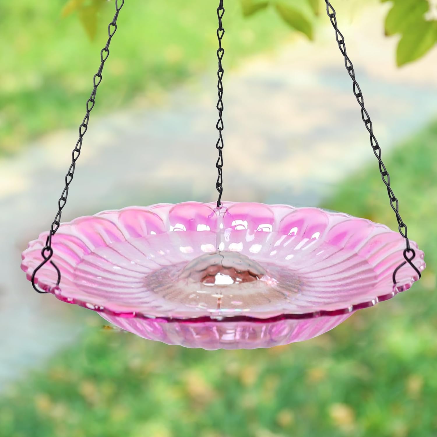 MUMTOP Hanging Bird Bath-Bird Baths for Outdoors - 12 Inch Glass Bird Water Bowl Bird Feeders for Outside, Garden, Lawn Yard Decor（Pink）