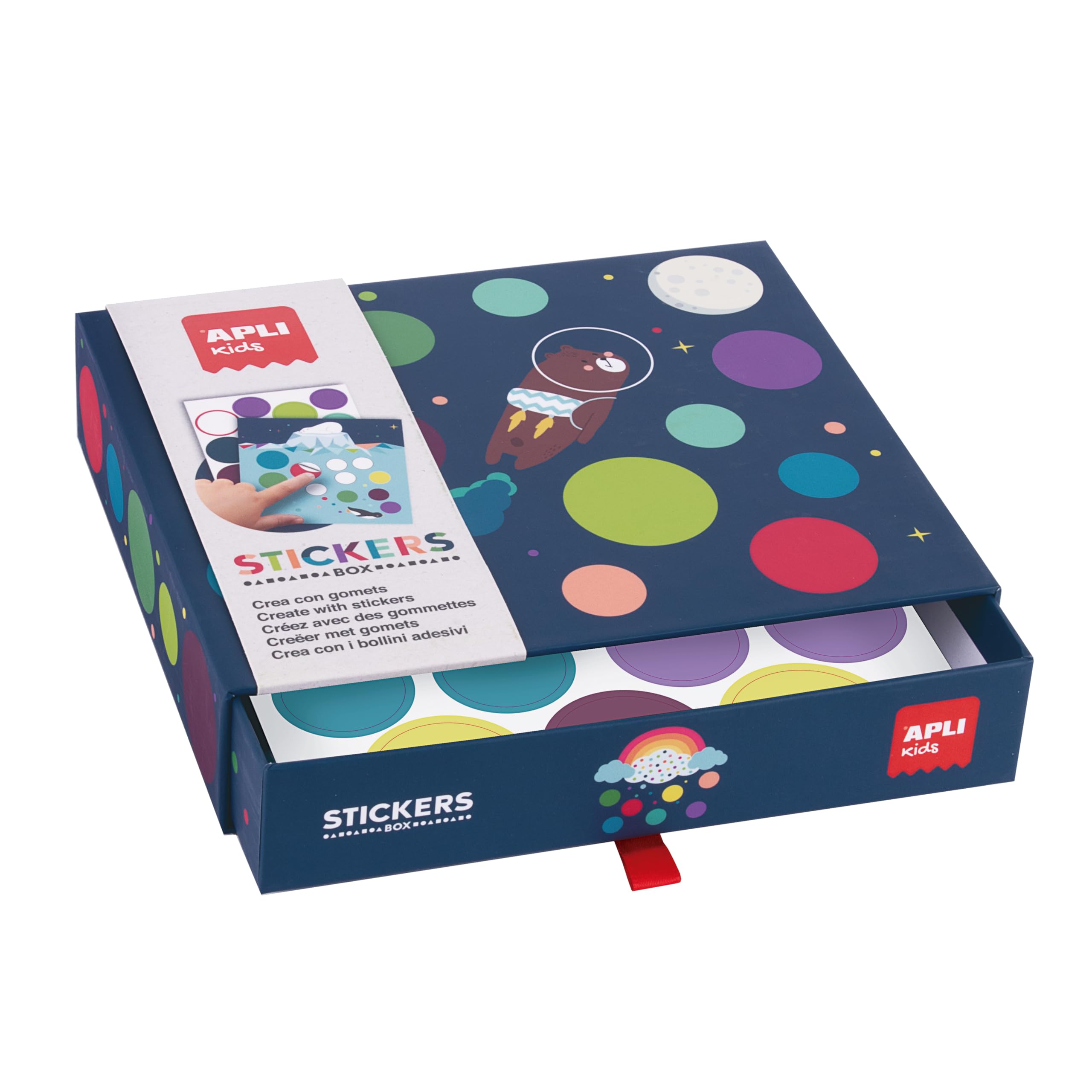 APLI Kids - Fly on The Moon 19140-Set di gommette di diverse forme in scatola di cartone modello Set di adesivi per completare le illustrazioni, 19140, 190 x 40 x 170 mm