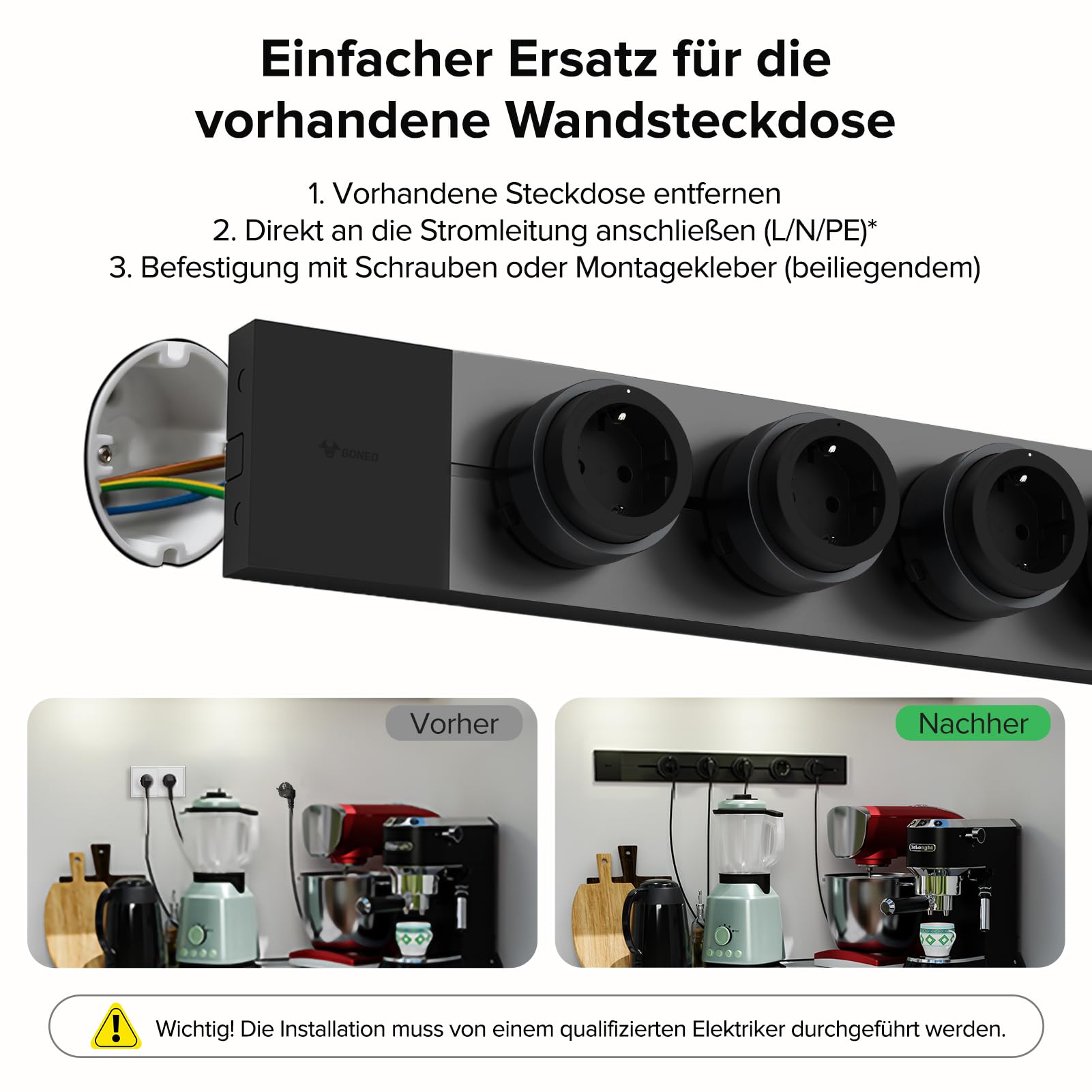 GONEO Aufputz-Stromschiene Steckdosenleiste, 75 cm Schiene mit 5 Modulare Steckdosen einzeln Schaltbar und Kinderschutz, Schienensteckdose Alu-Design, VDE geprüft, Für Küche Wohnzimmer Werkstatt
