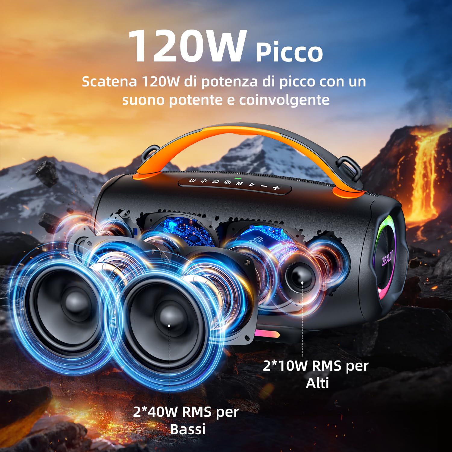 Zealot Cassa Bluetooth portatile da 100W con Luce,24 ore di Riproduzione,Bluetooth 5.3,Impermeabilità IP56,Audio Stereo, AUX da 3,5 mm/TF/USB,Ricarica Type-C