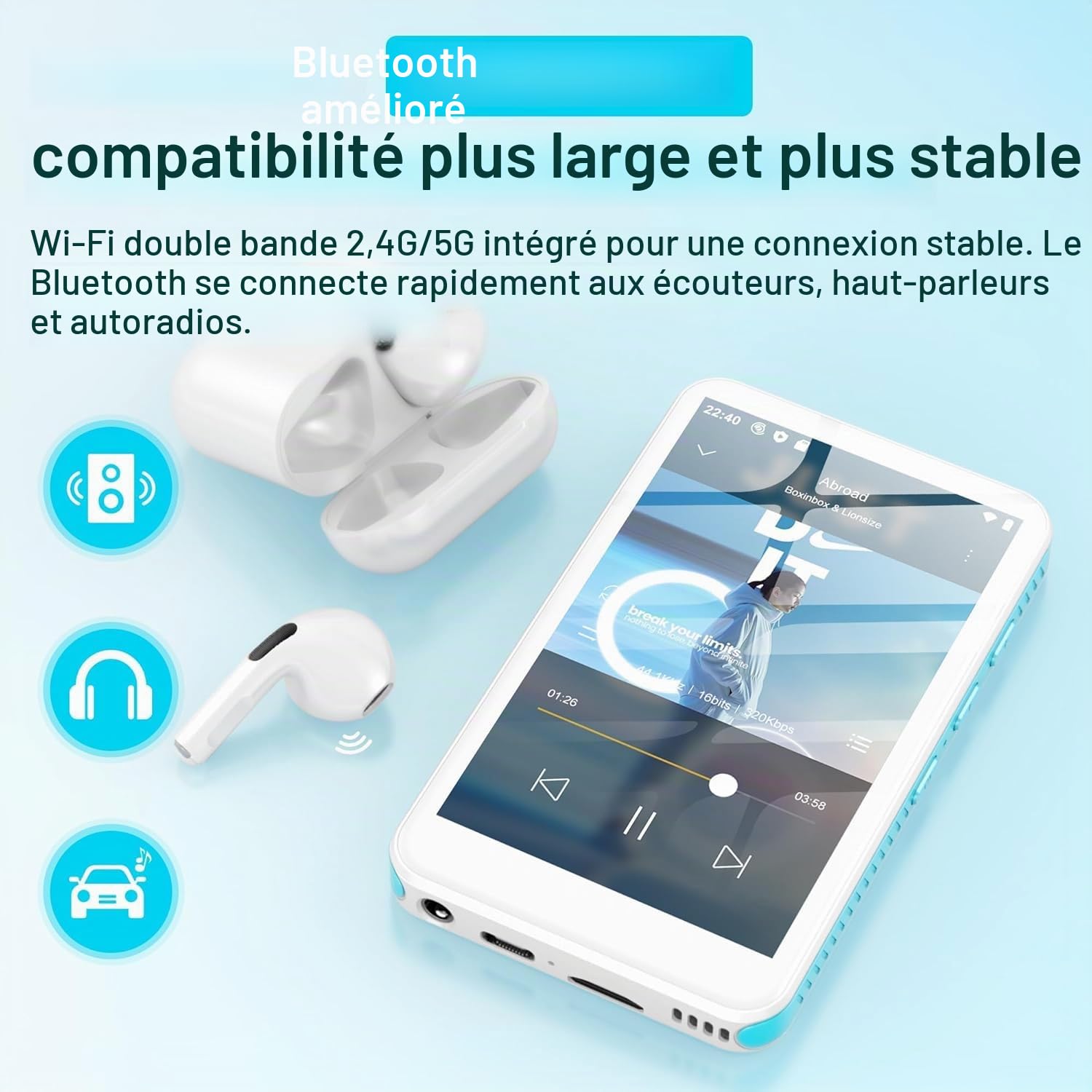 SWOFY D08 Lecteur MP3 Android 13 160 Go Bluetooth WiFi écran tactile 4 pouces compatible Spotify Audible Play Store radio FM extensible 1 To