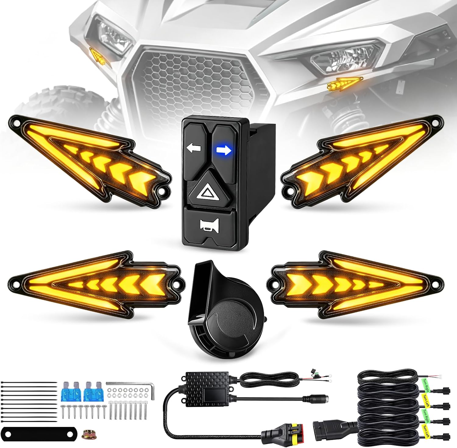 UTV Arrow Sequence Turn Signal Kit with 4 IN 1 Integrated Switch 110db Horn, Aluminum House Universal Street Legal Blinker kit for UTV ATV SXS Polaris RZR Can-Am X3 Side by Side