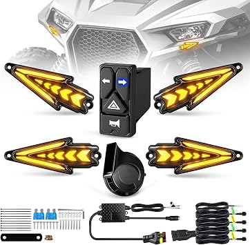UTV Arrow Sequence Turn Signal Kit with 4 IN 1 Integrated Switch 110db Horn, Aluminum House Universal Street Legal Blinker kit for UTV ATV SXS Polaris RZR Can-Am X3 Side by Side
