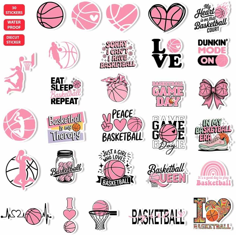 30PCS Pink Basketball Stickers for Girls, Waterproof Vinyl Sports Decals Pack, Cute Basketball-Themed Die-Cut Stickers for Water Bottles, Laptop, Tumbler, Sports Bag, Team Gifts