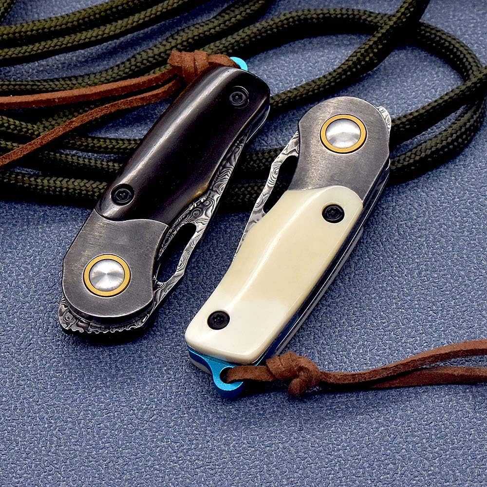 Klappmesser 3.7" Klein Damast Taschenmesser aus Rinderknochen Damaszener Damaststahl, edc messer outdoor scharfe einhandmesser, Damaskus Geschmiedet Stahl Messer Survival Jagdmesser, mini neck knife