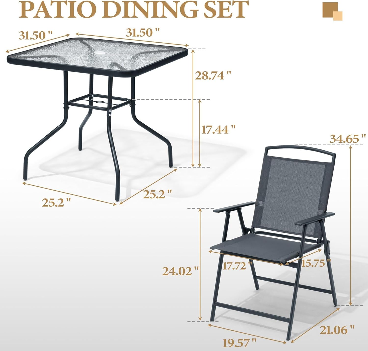Crestlive Products 5 Piece Patio Dining Set with 4 Folding Chairs and Table Outdoor Dining Furniture with Square Glass Tabletop, Umbrella Hole for Bistro, Garden, Backyard, Deck(Grey)