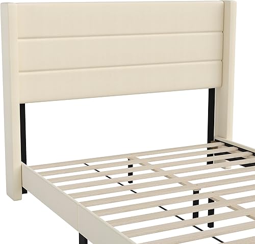 Miniatura 9 de Merrick Lane Percy - Cama de plataforma moderna, lino sintético beige, tamaño Queen, cabecero acolchado con respaldo con alas cosidas de canal,